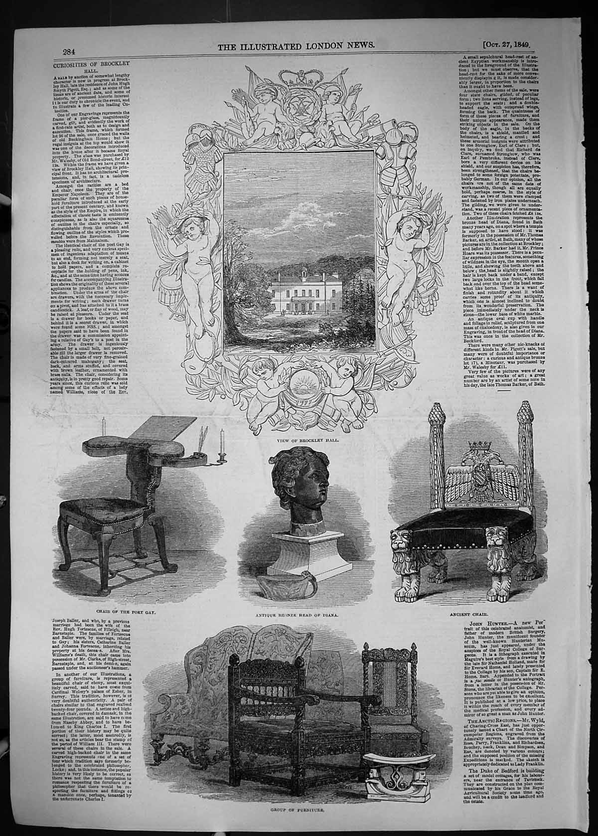 Antique Print 1849 Brockley Hall Chair Poet Gay Bronze Head Diana Furniture