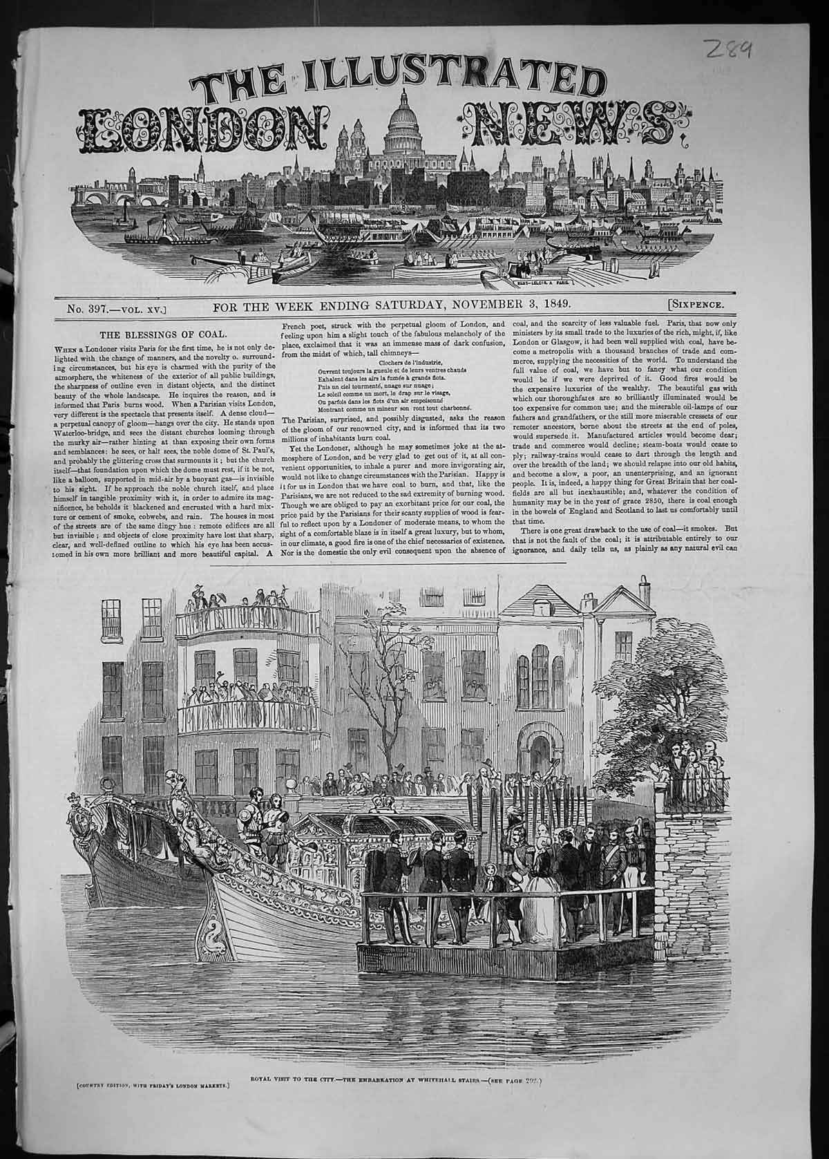 Old 1849 Royal Visit City London Embarkation Whitehall Stairs River T Victorian