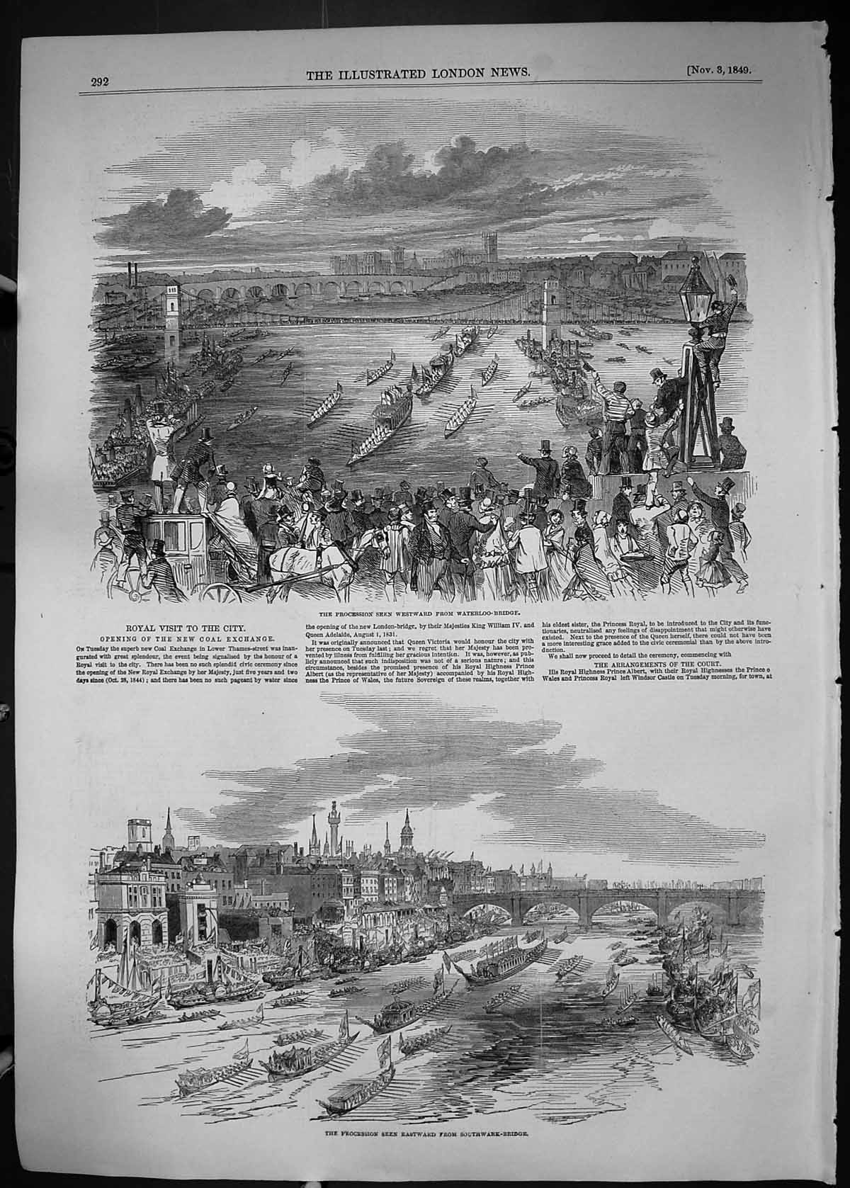 Old 1849 Procession Royal Barge Boats Waterloo London Southwark River Victorian