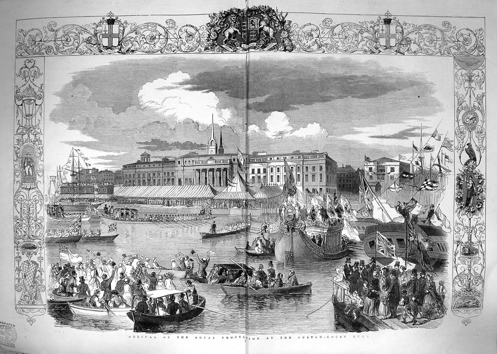 Old 1849 Scene Arrival Royal Family Procession Boats Custom House Qua 19th