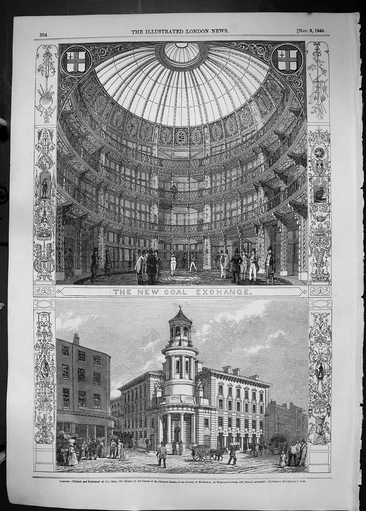 Old Print 1849 Interior Exterior Coal Exchange Street Scene Architecture 19th