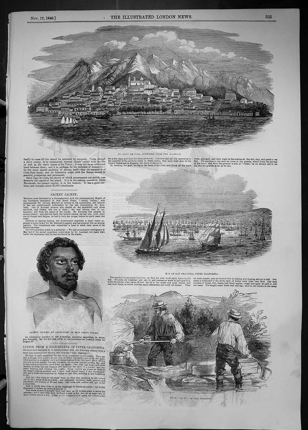 Original Old Antique Print 1849 Jago De Cuba Jackey AbGMining Washing San Franc