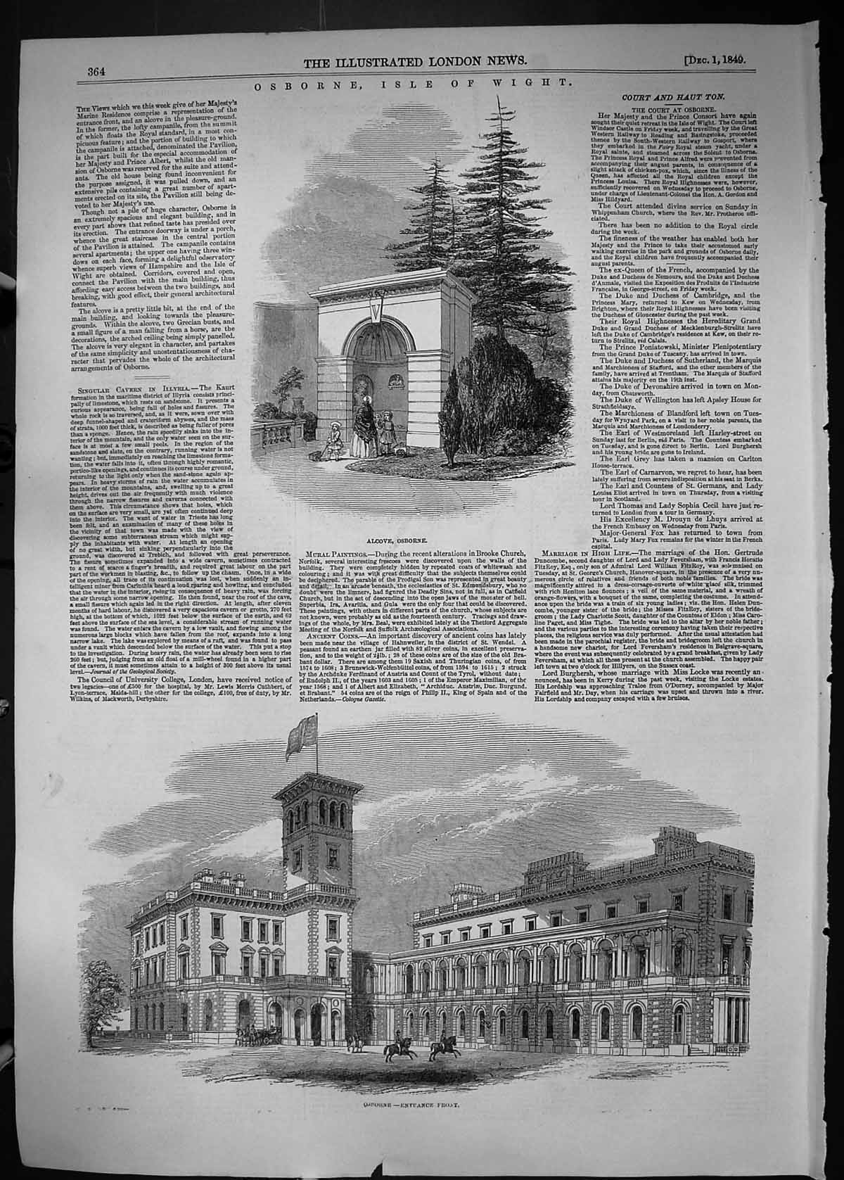 Original Old Antique Print 1849 Osborne Isle Wight Alcove Building Architecture