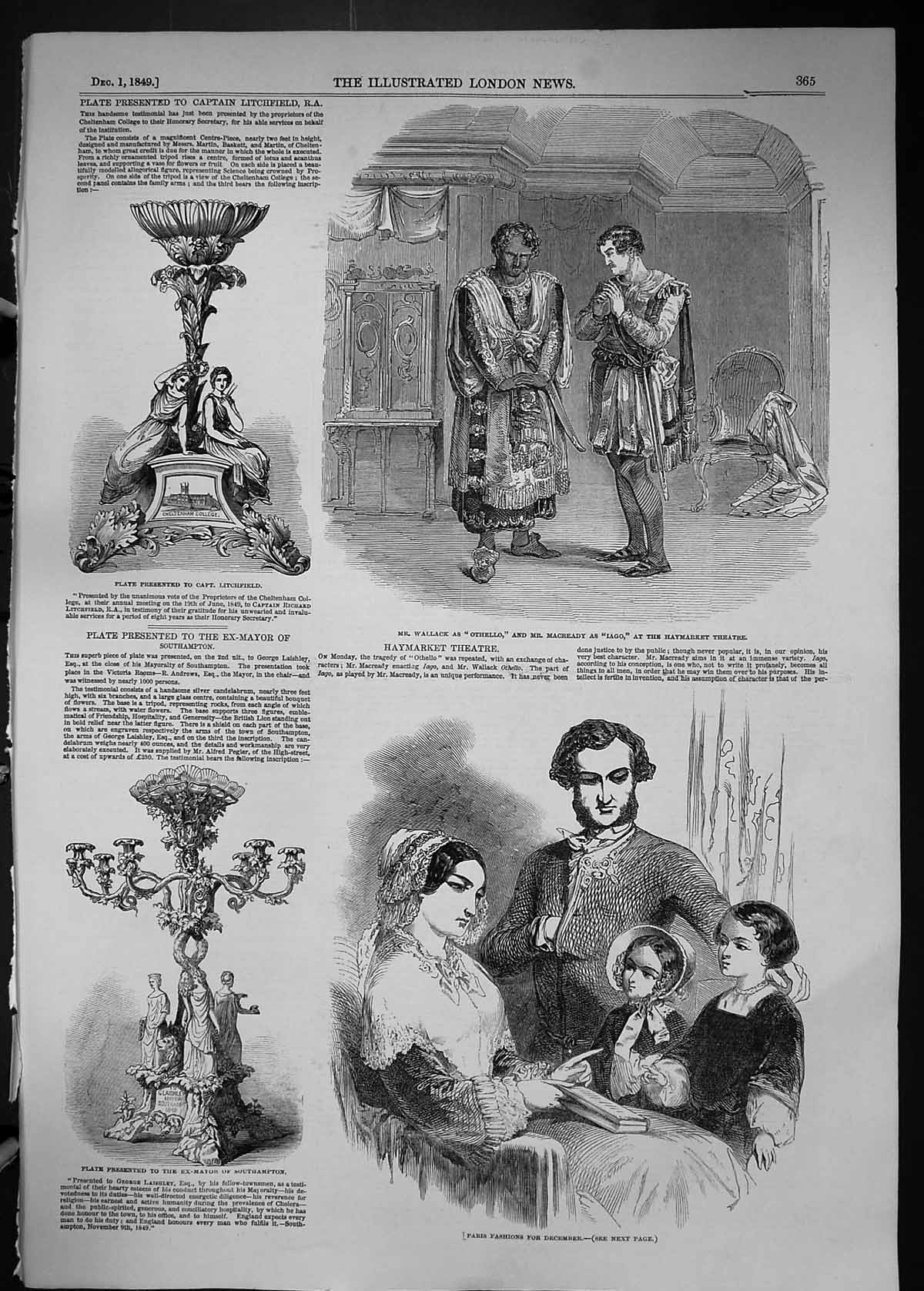 Old 1849 Wallack Othello Macready Iago Theatre Plate Litchfield Paris Victorian
