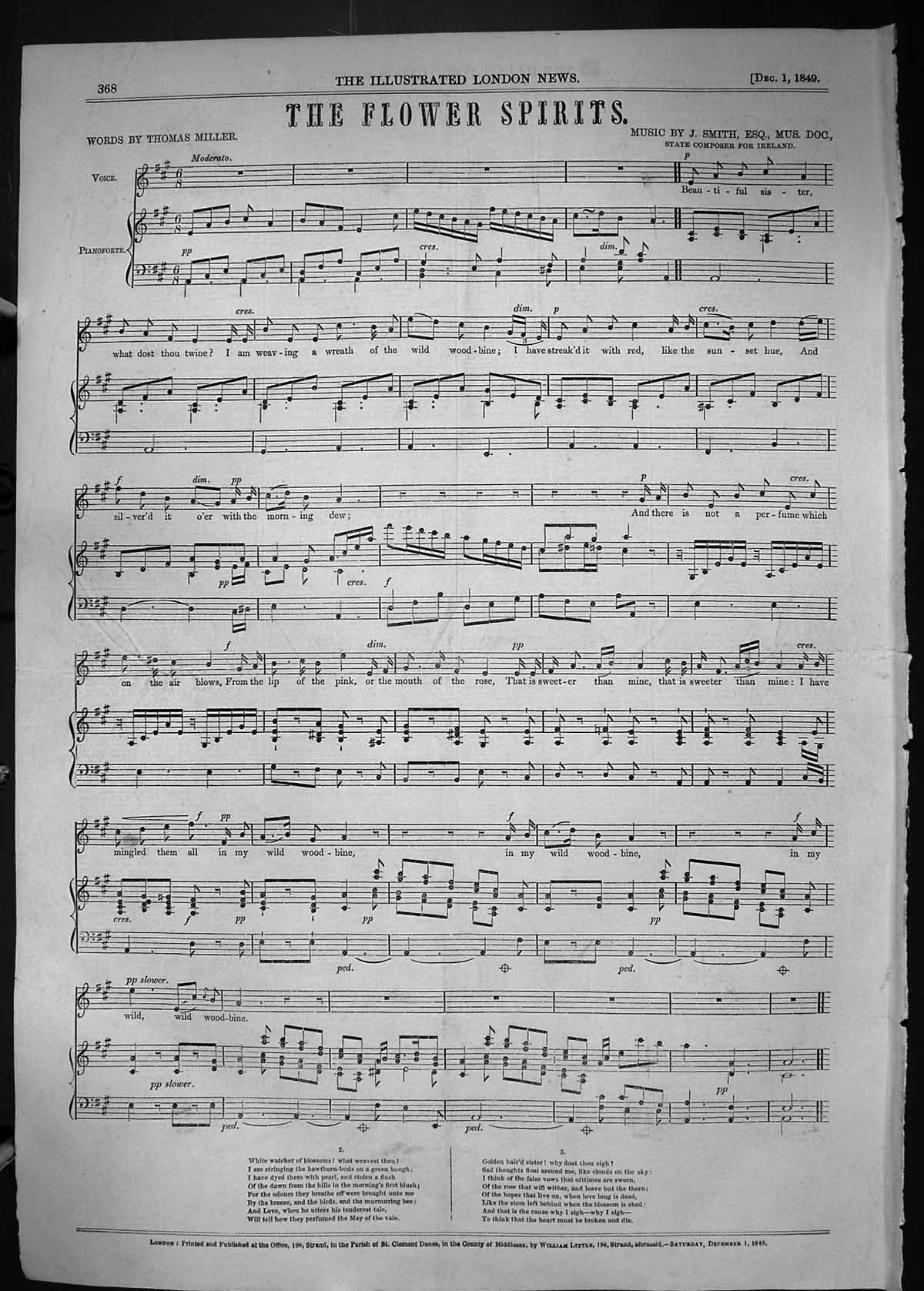 Old 1849 Sheet Music Flower Spirits Thomas Miller Smith Composer Irel Victorian