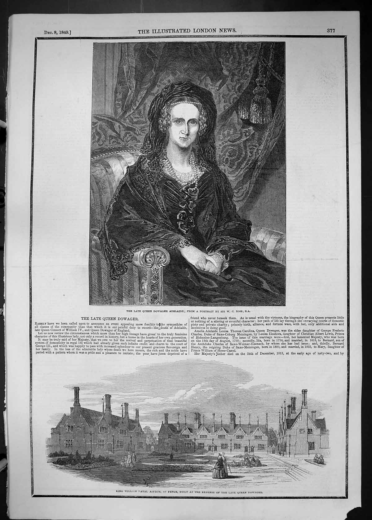 Antique Print 1849 Portrait Queen Dowager Adelaide King William Naval Asylu 19th