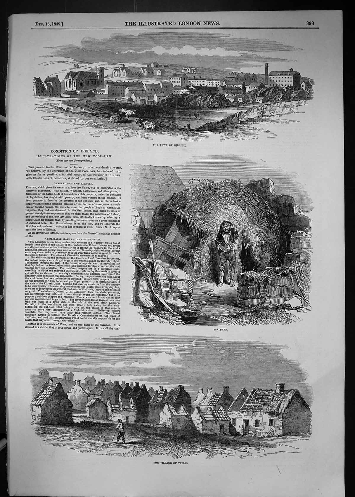 Old Antique Print 1849 Ireland View Kilrush Scalpeen Tullig Poor-Law House 19th