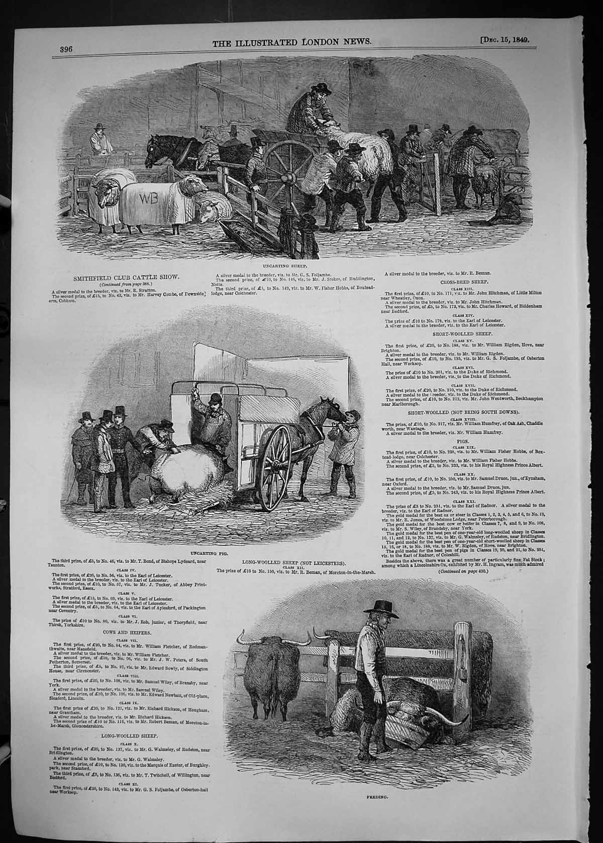 Old 1849 Smithfield Club Cattle Show Uncarting Sheep Pig Long-Wooled Victorian