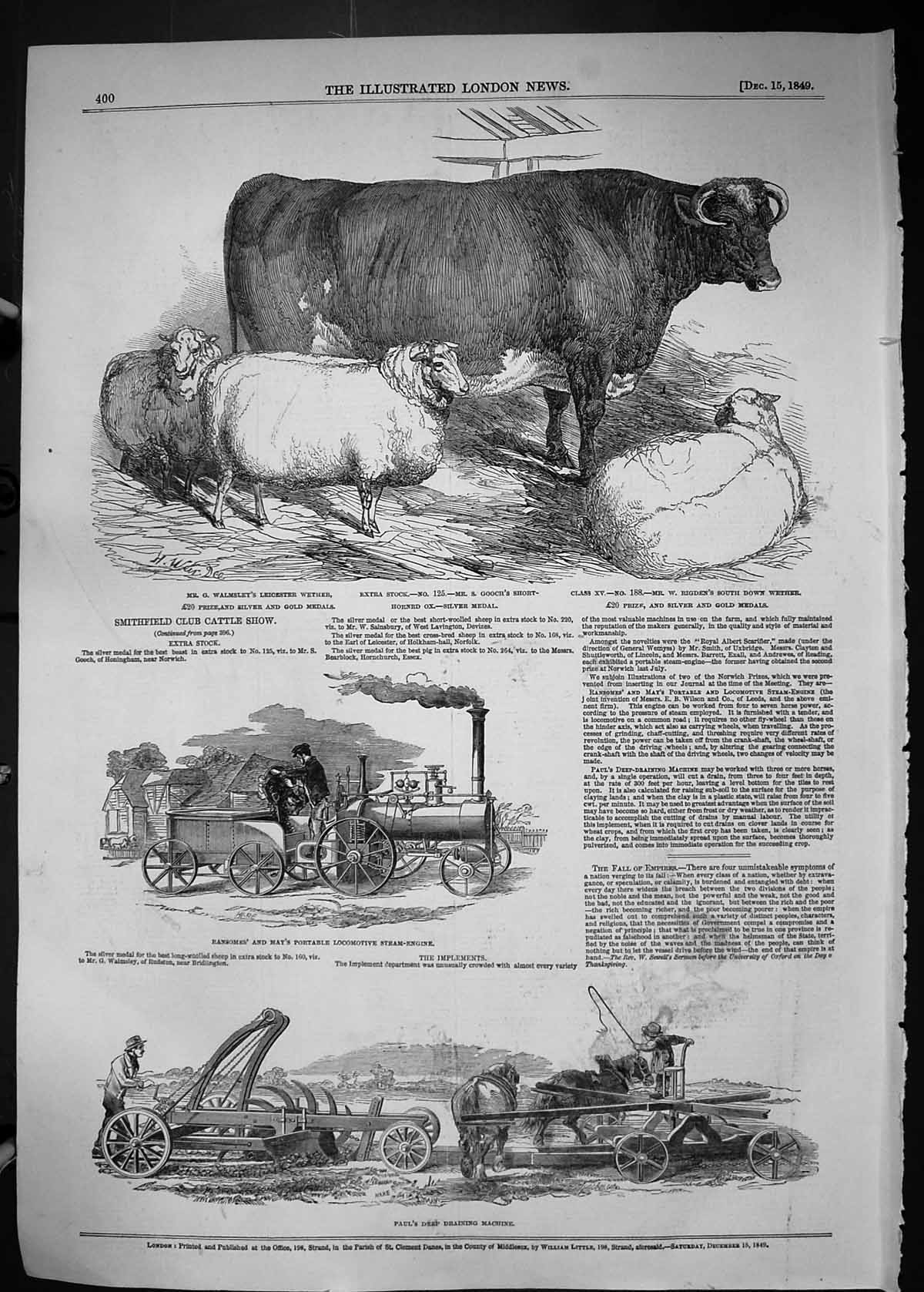 Old 1849 Smithfield Club Cattle Show Walmsley Wether Ransome May Engi Victorian
