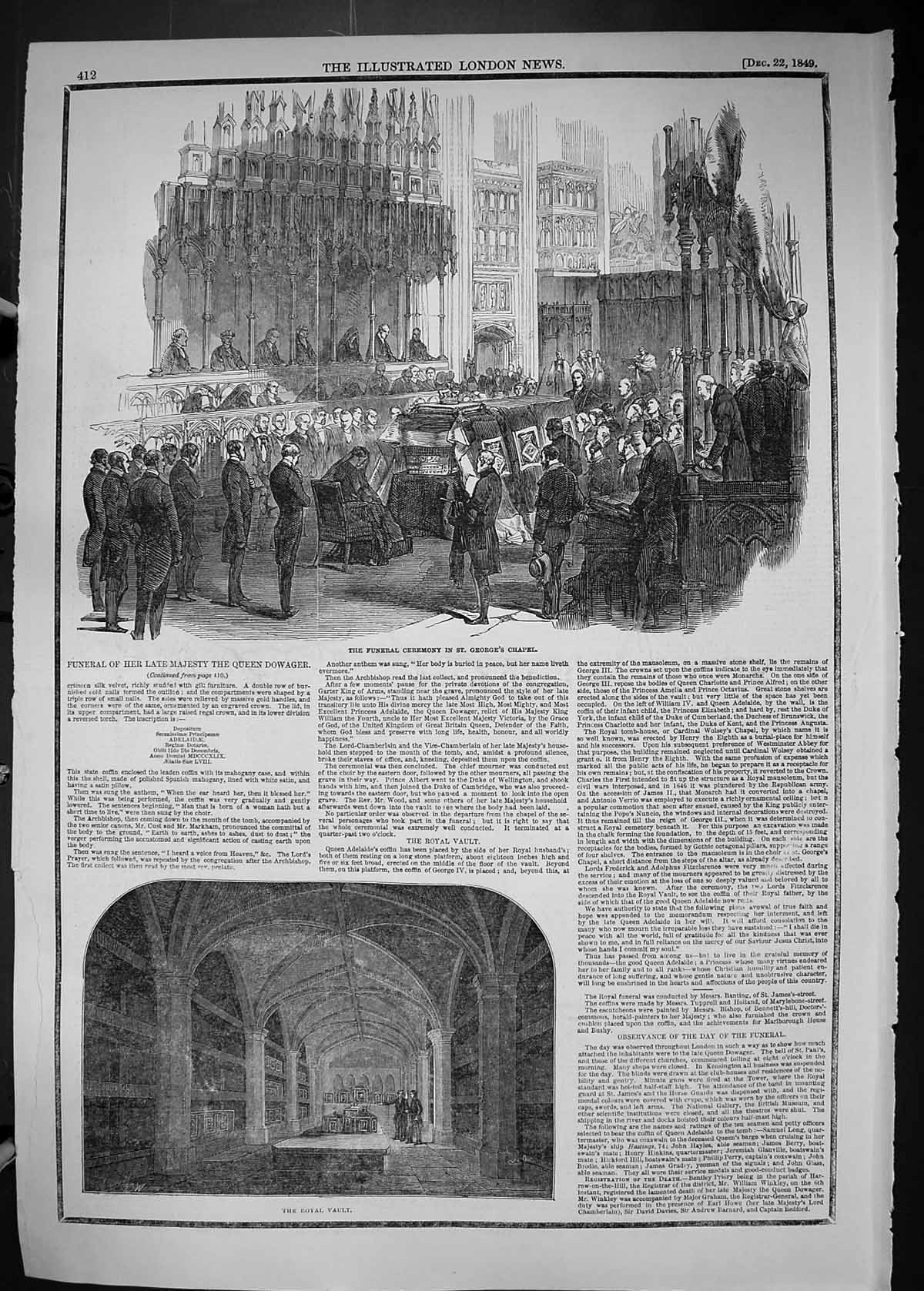 Old 1849 Funerl Ceremony Majesty Queen Adelaide St. George'S Chapel R Victorian