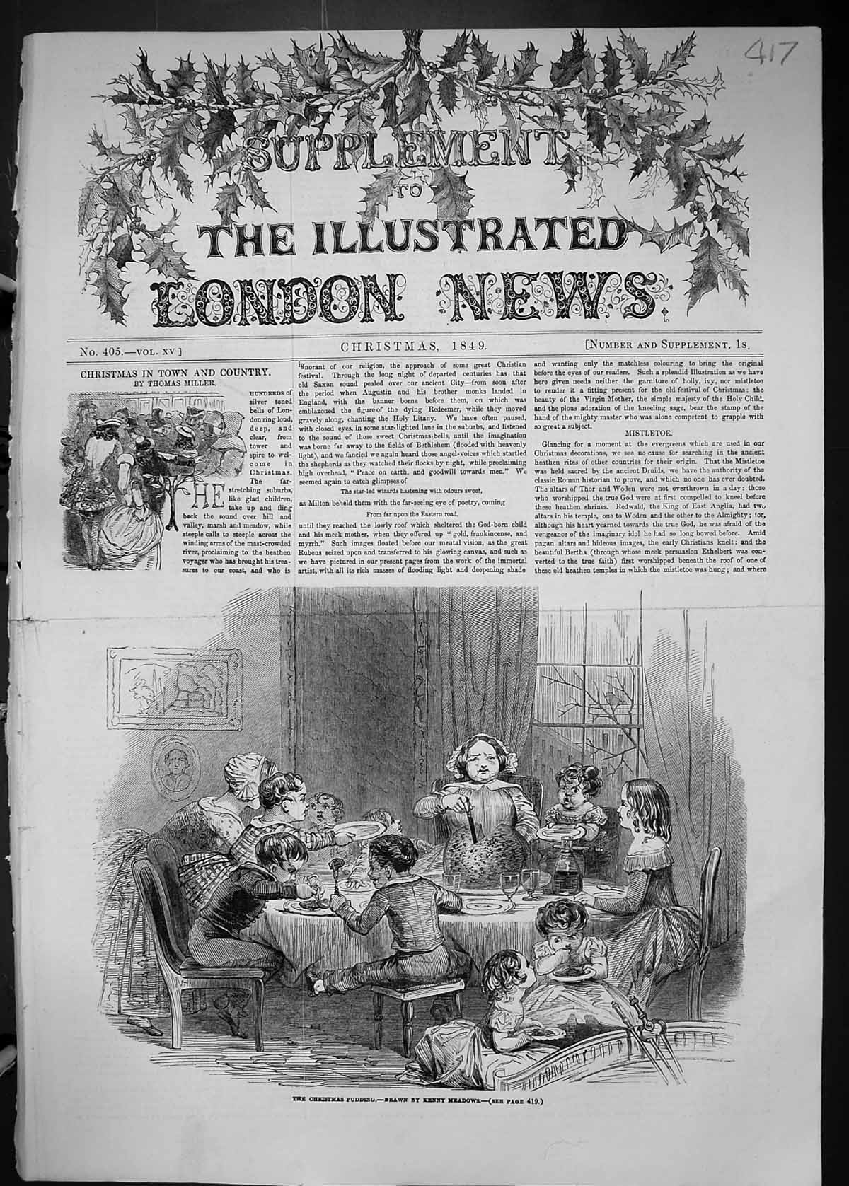 Antique Old Print 1849 Family Home Christmas Pudding Children Dinner Table 19th
