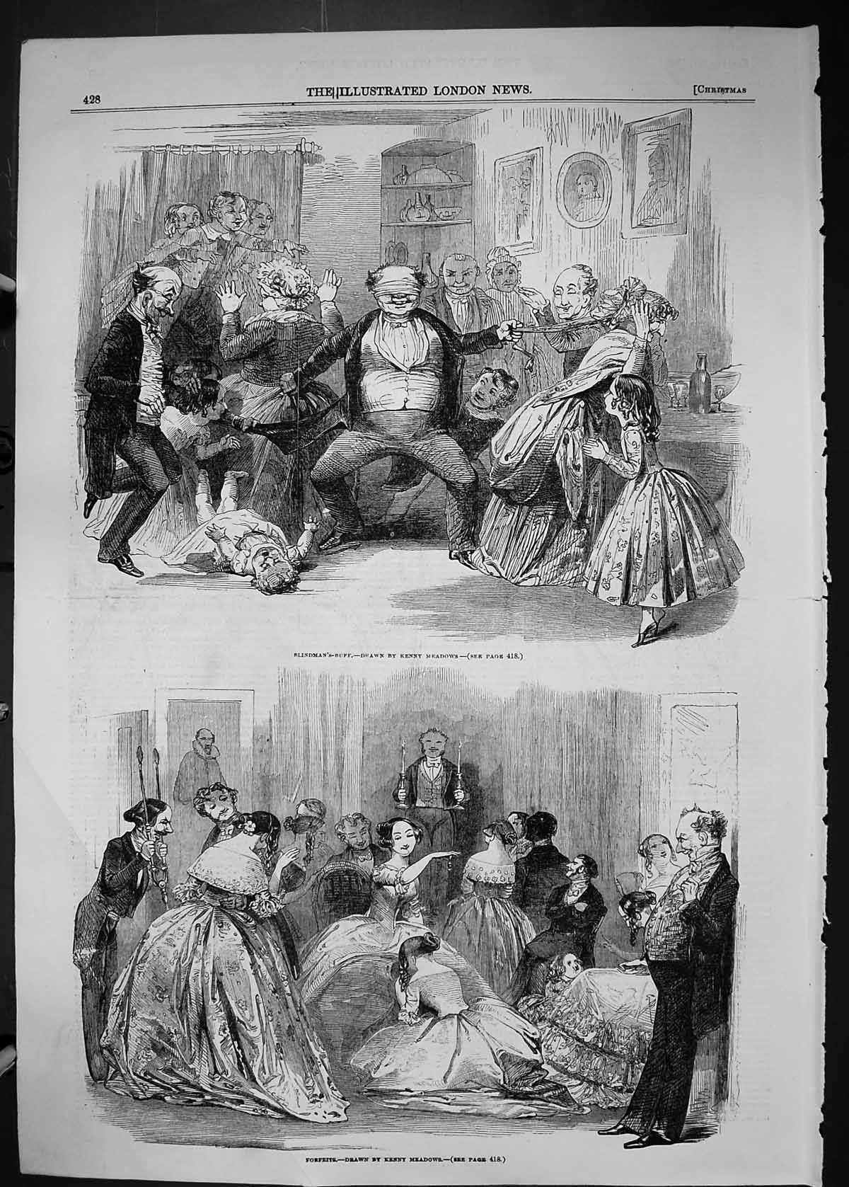 Antique Old Print 1849 Blindman'S Buff Forfeits Kenny Meadows Enterainment 19th