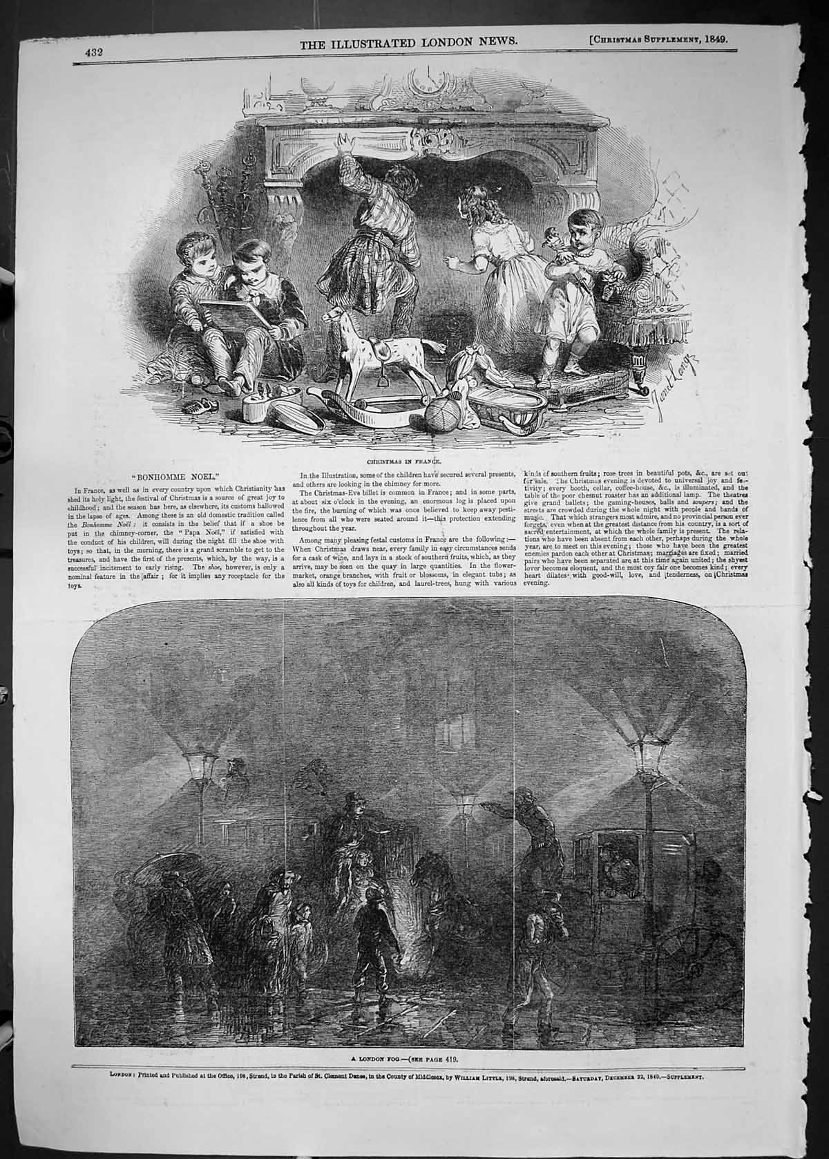 Antique Old Print 1849 Christmas Day France London Fog Street Scene England