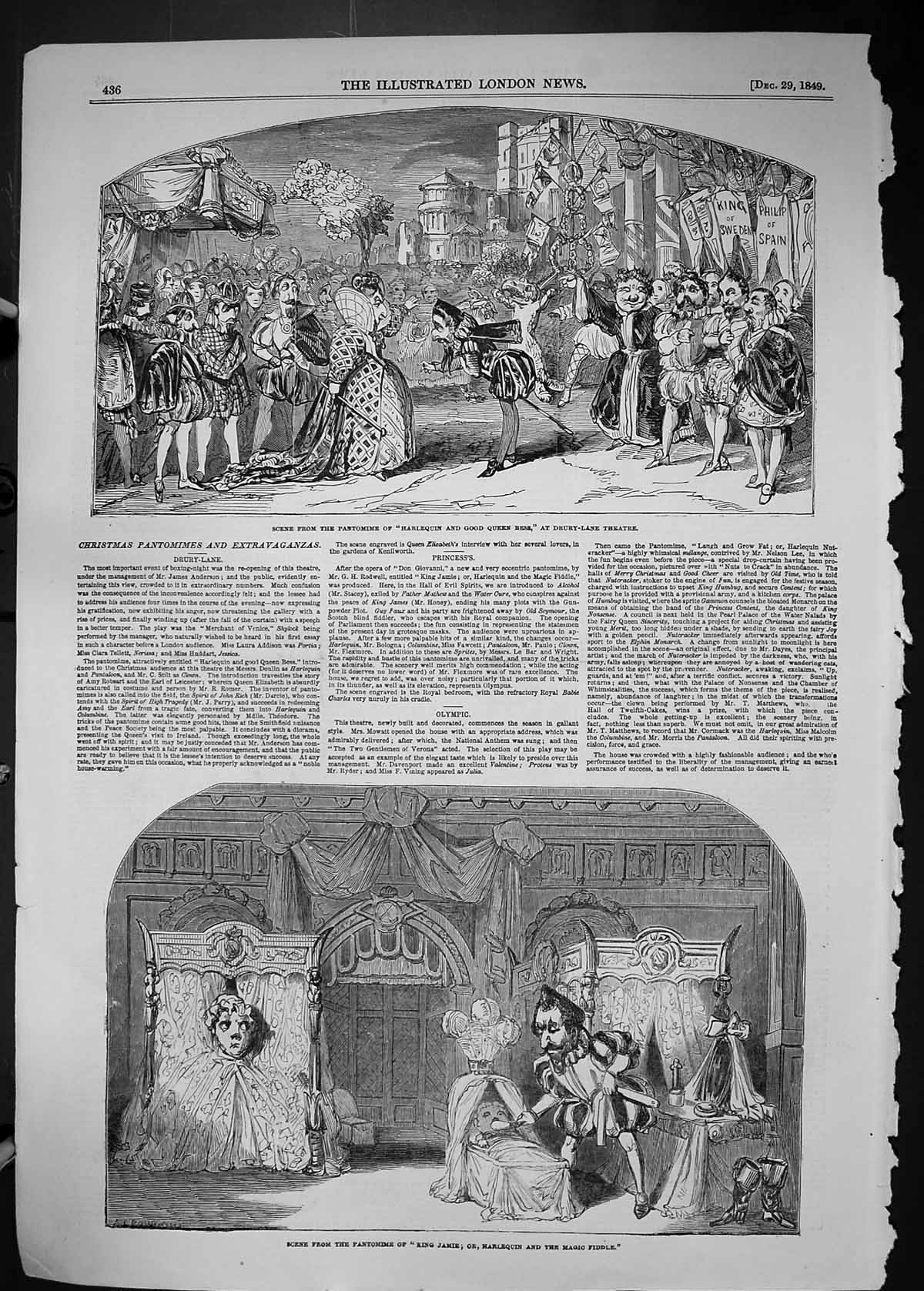 Old 1849 Scene Pantomime Harlequin Good Queen Bess Drury Theatre King Victorian