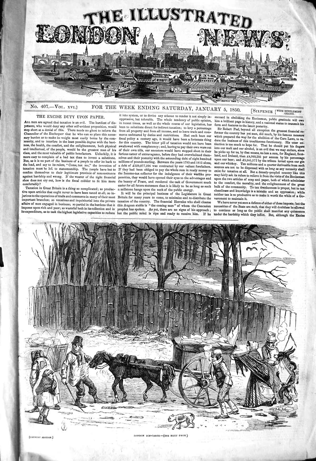 Original Old Antique Print 1850 London Ice Carts Horses Industry Street Scene