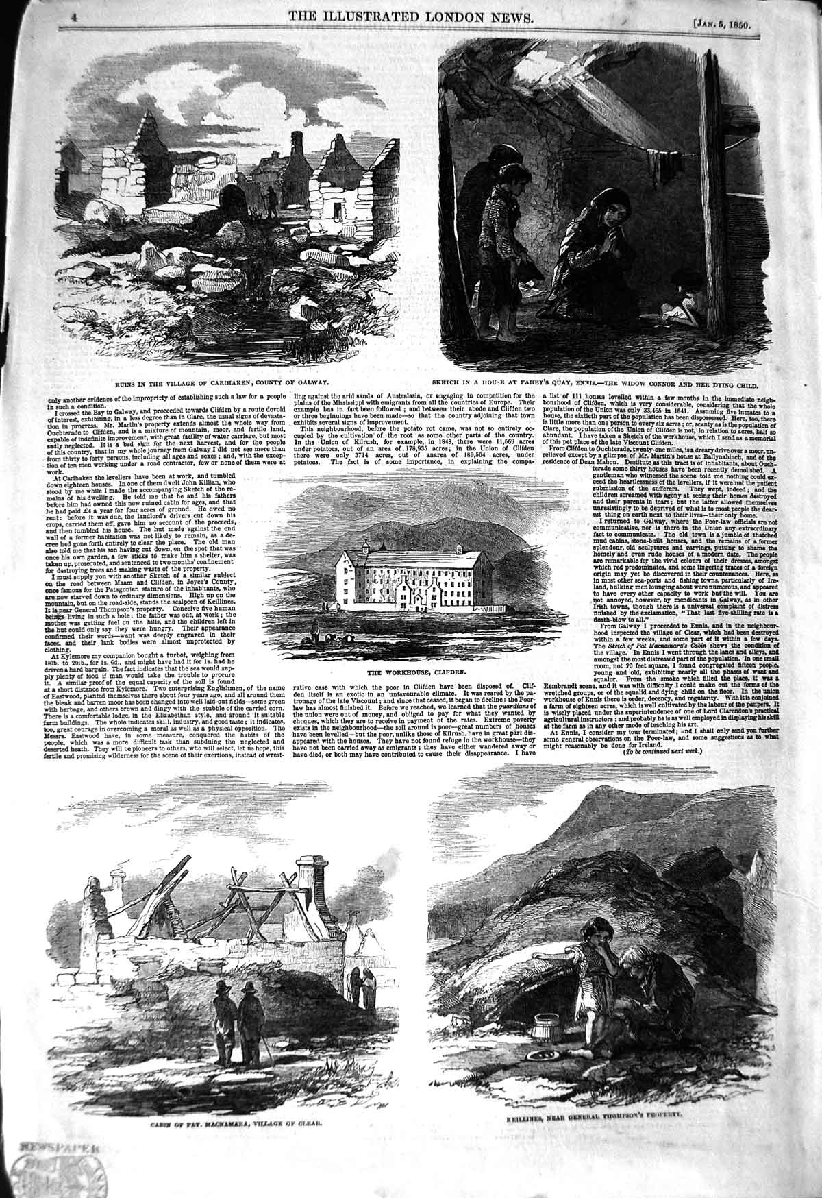 Original Old Antique Print 1850 Carihaken Galway Ireland Workhouse Ke Victorian
