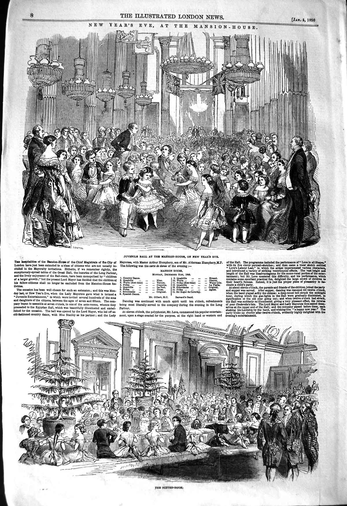 Old Antique Print 1850 Children Ball Mansion House New Year'S Eve Party 19th