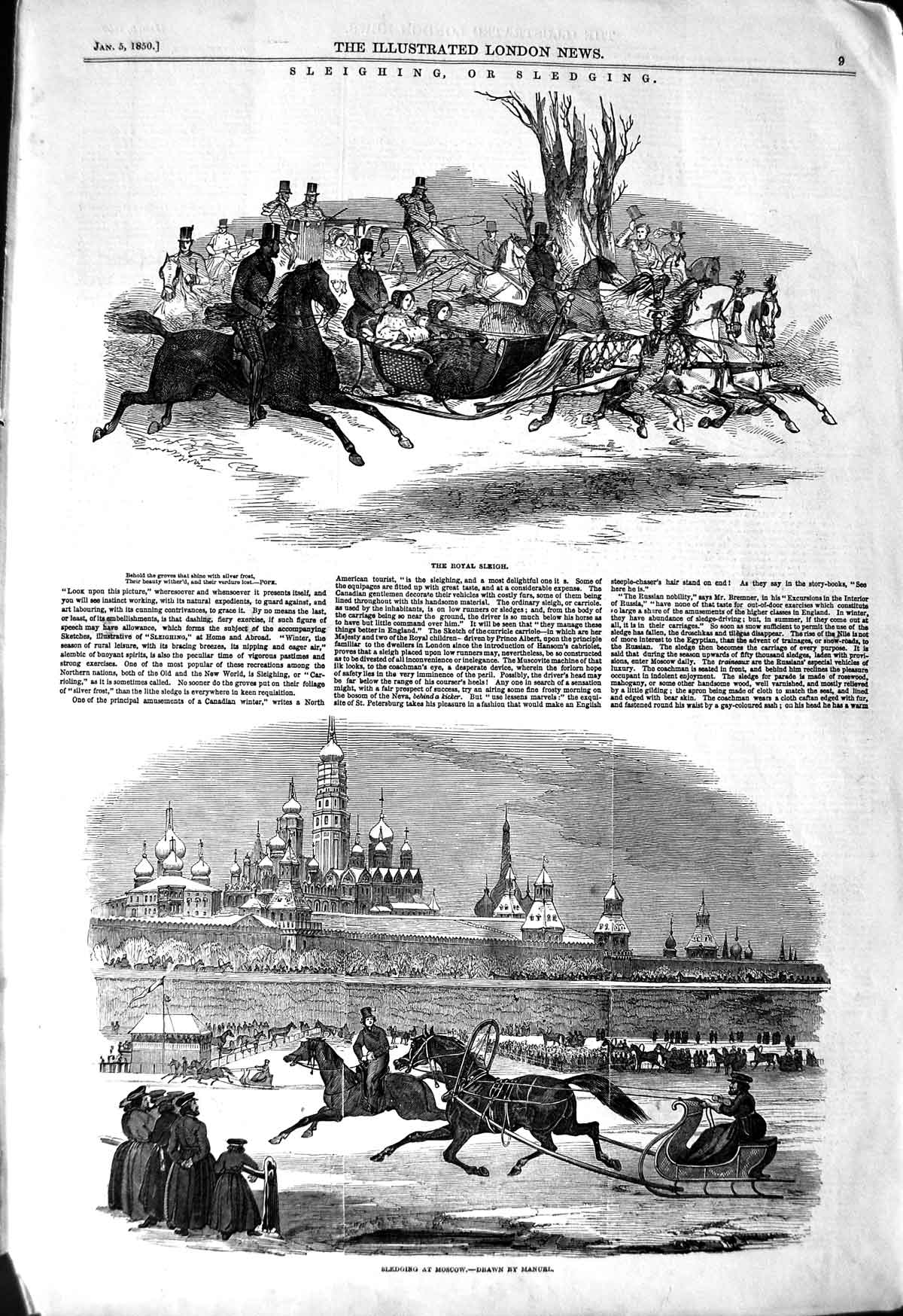 Original Old Antique Print 1850 Sledging Moscow Sleighing Russia Horses Winter