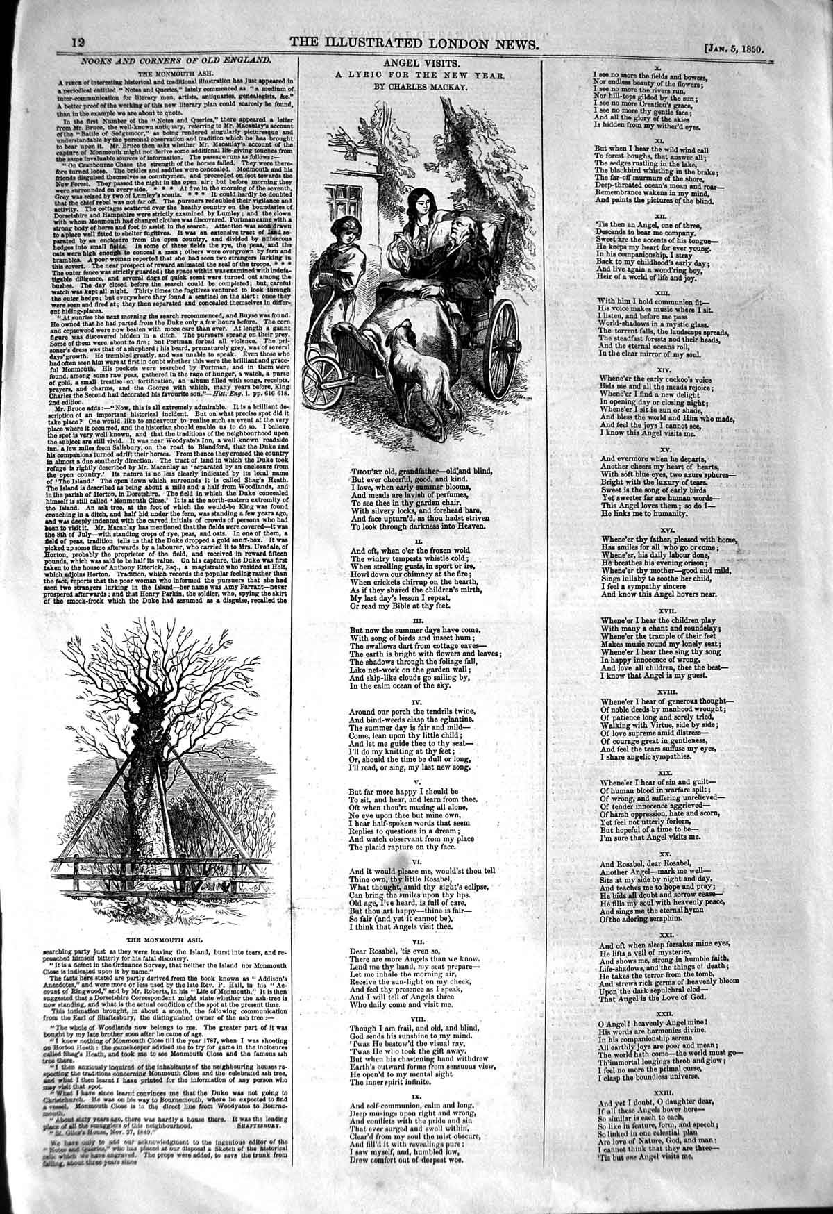 Original Old Antique Print 1850 Monmouth Ash Tree Angel Visits New Year Lyric