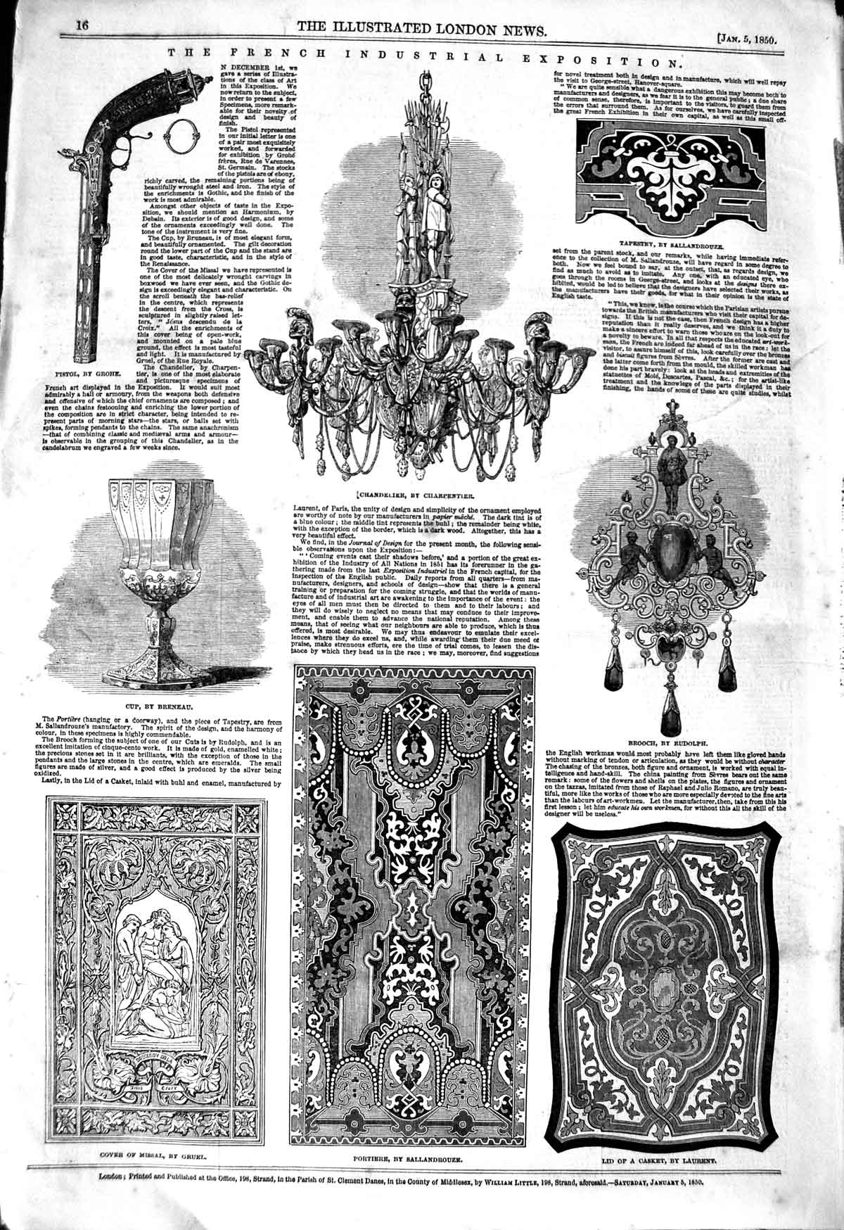 Old Antique Print 1850 French Pistol Chandeliers Brooch Gruel Laurent Art 19th