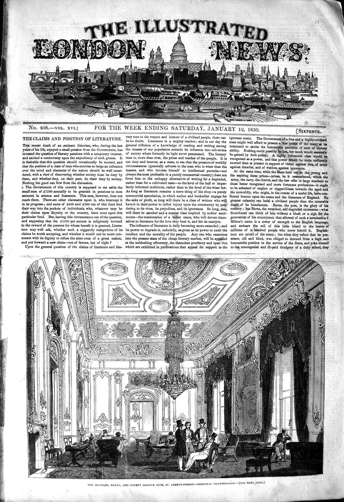 Old Antique Print 1850 Military Naval County Service Club James'S Street 19th