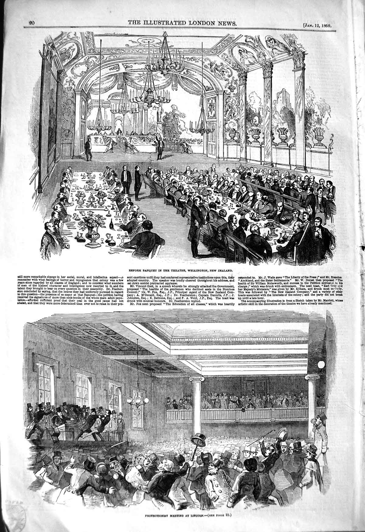 Original Old Antique Print 1850 Banquet Theatre Wellington New Zealand Lincoln