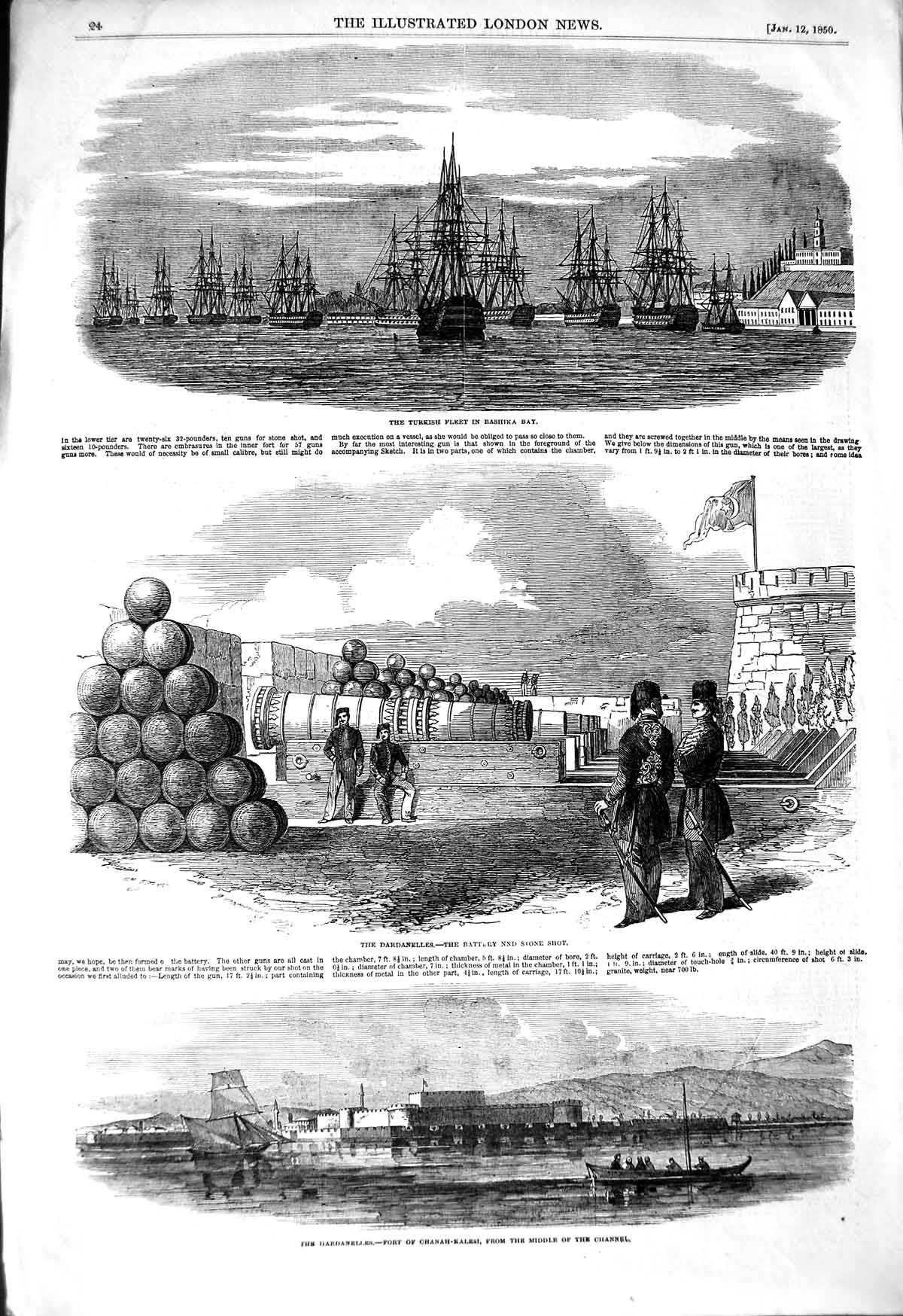 Original Old Antique Print 1850 Turkish Ships Bashika Dardanelles Chanah-Kalesi