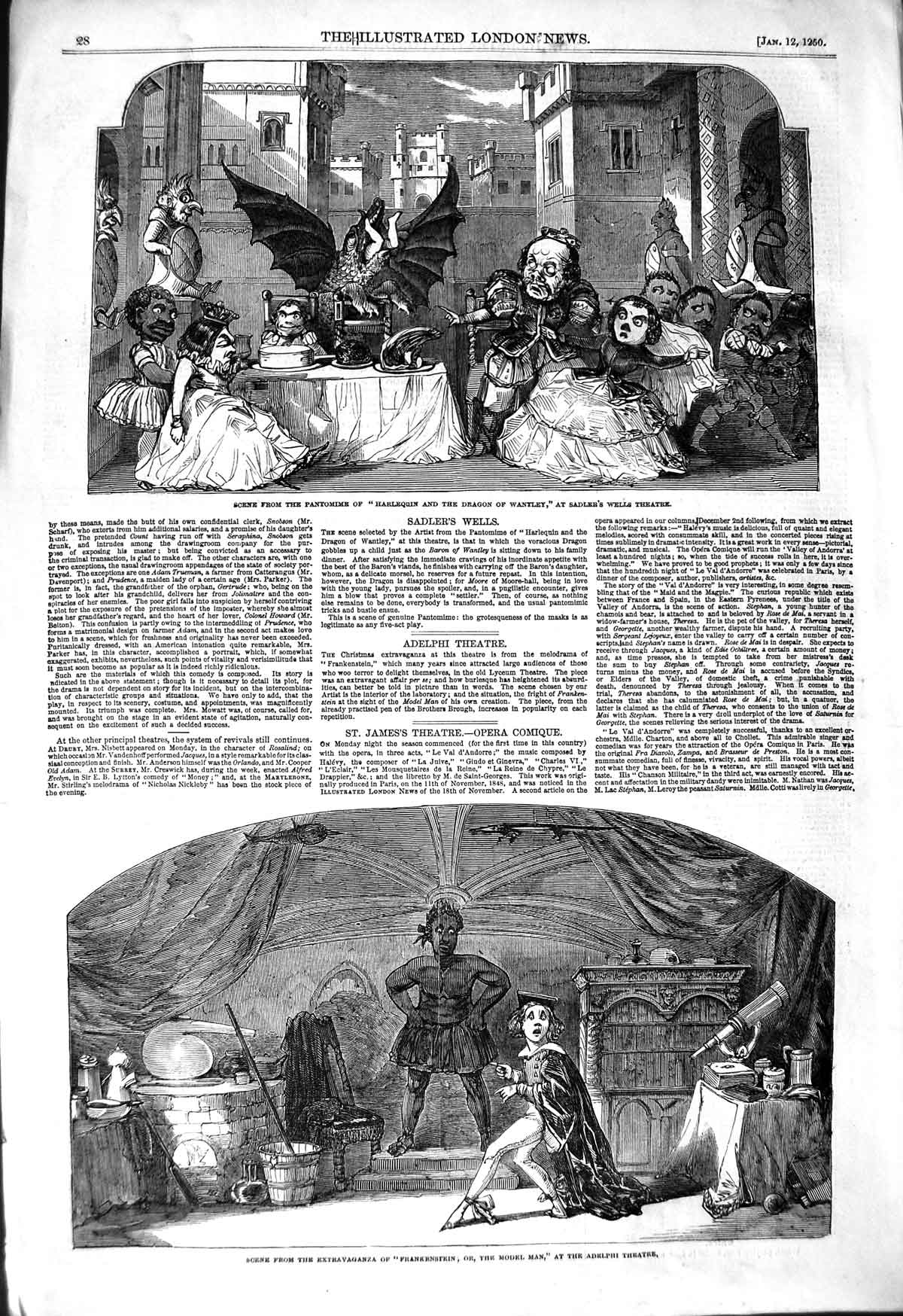 Original Old Antique Print 1850 Pantomime Sadler'S Theatre Adelphi Frank 19th