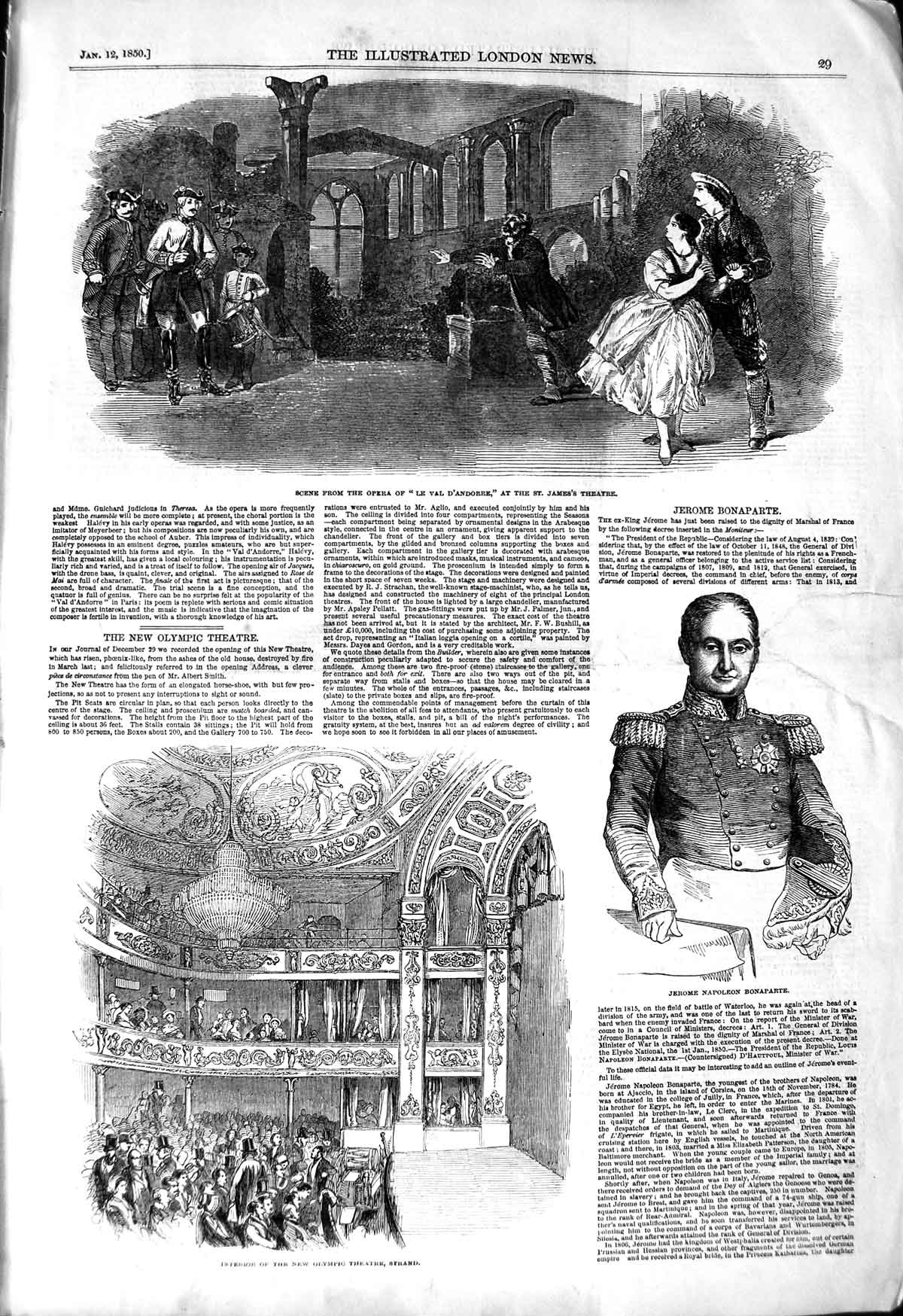 Old Antique Print 1850 D'Andorre James'S Olympic Theatre Jerome Bonaparte 19th