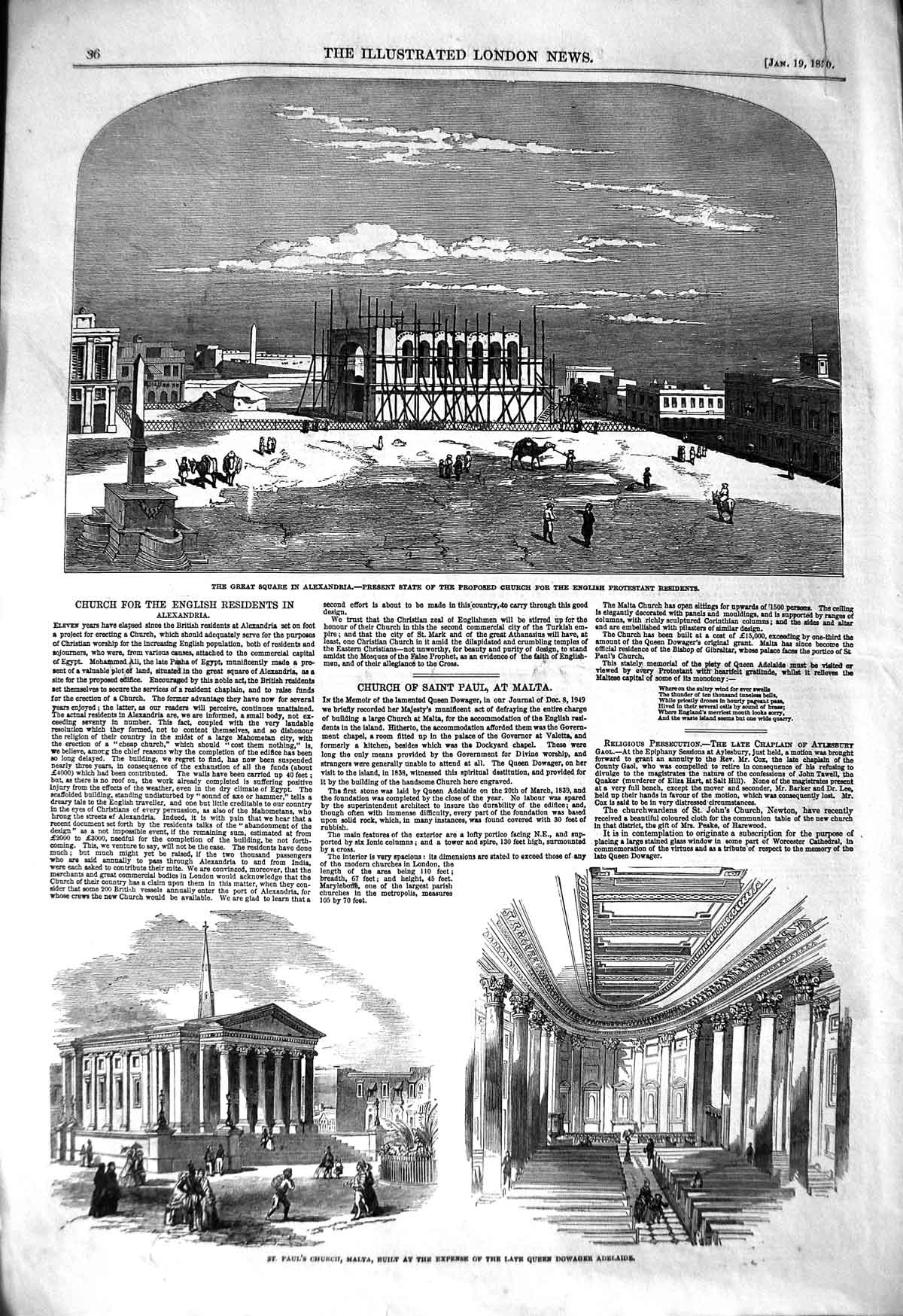 Old Antique Print 1850 Paul'S Church Malta Square Alexandria Protestant 19th