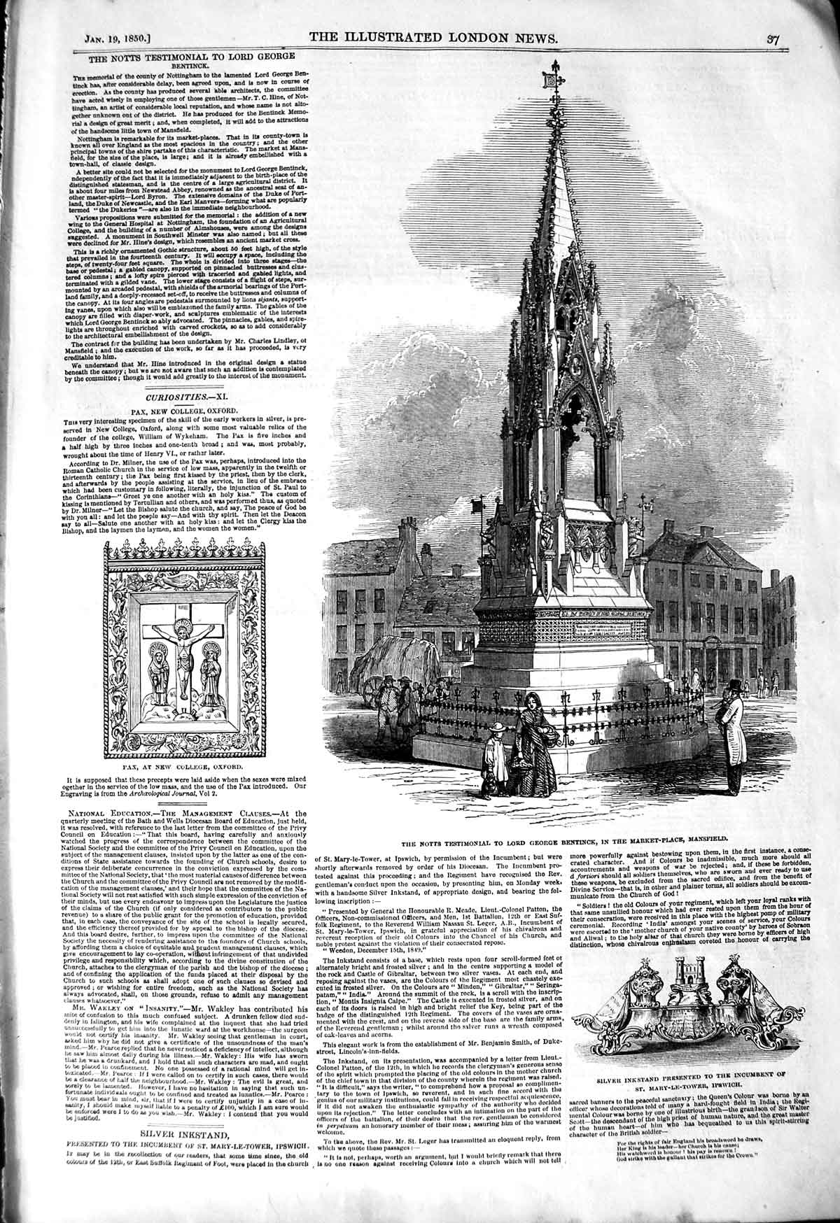 Original Old Antique Print 1850 Notts Testimonial Lord George Bentink Mansfield