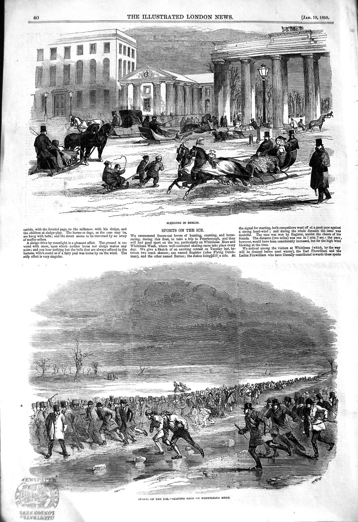 Old Antique Print 1850 Sport Ice Sledging Berlin Germany Whittlesea Mere 19th