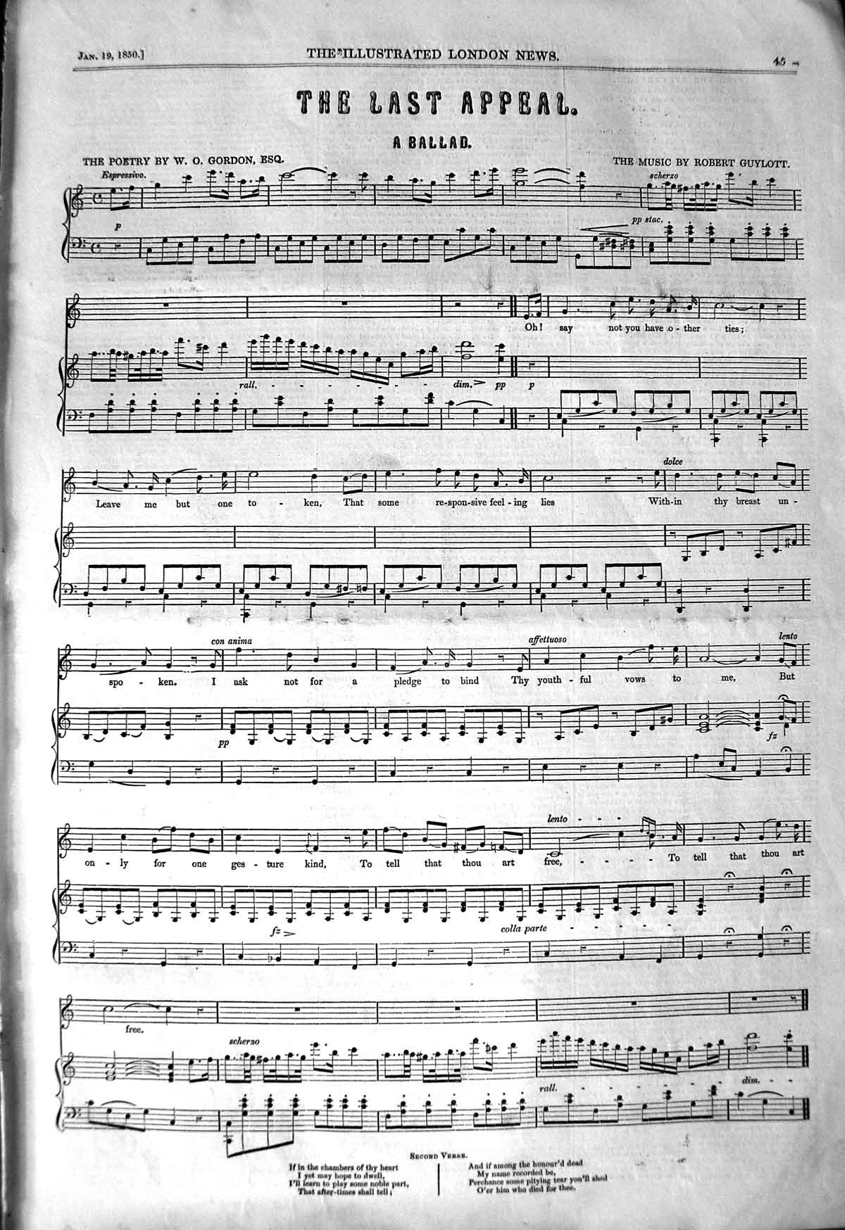 Original Old Antique Print 1850 Sheet Music Ballad Last Appeal Guylott Gordon