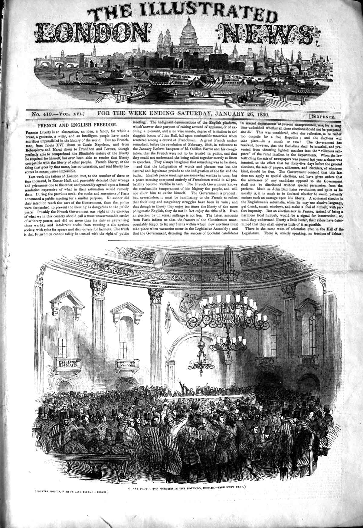 Original Old Antique Print 1850 Great Protection Meeting Rotundo Dublin Ireland