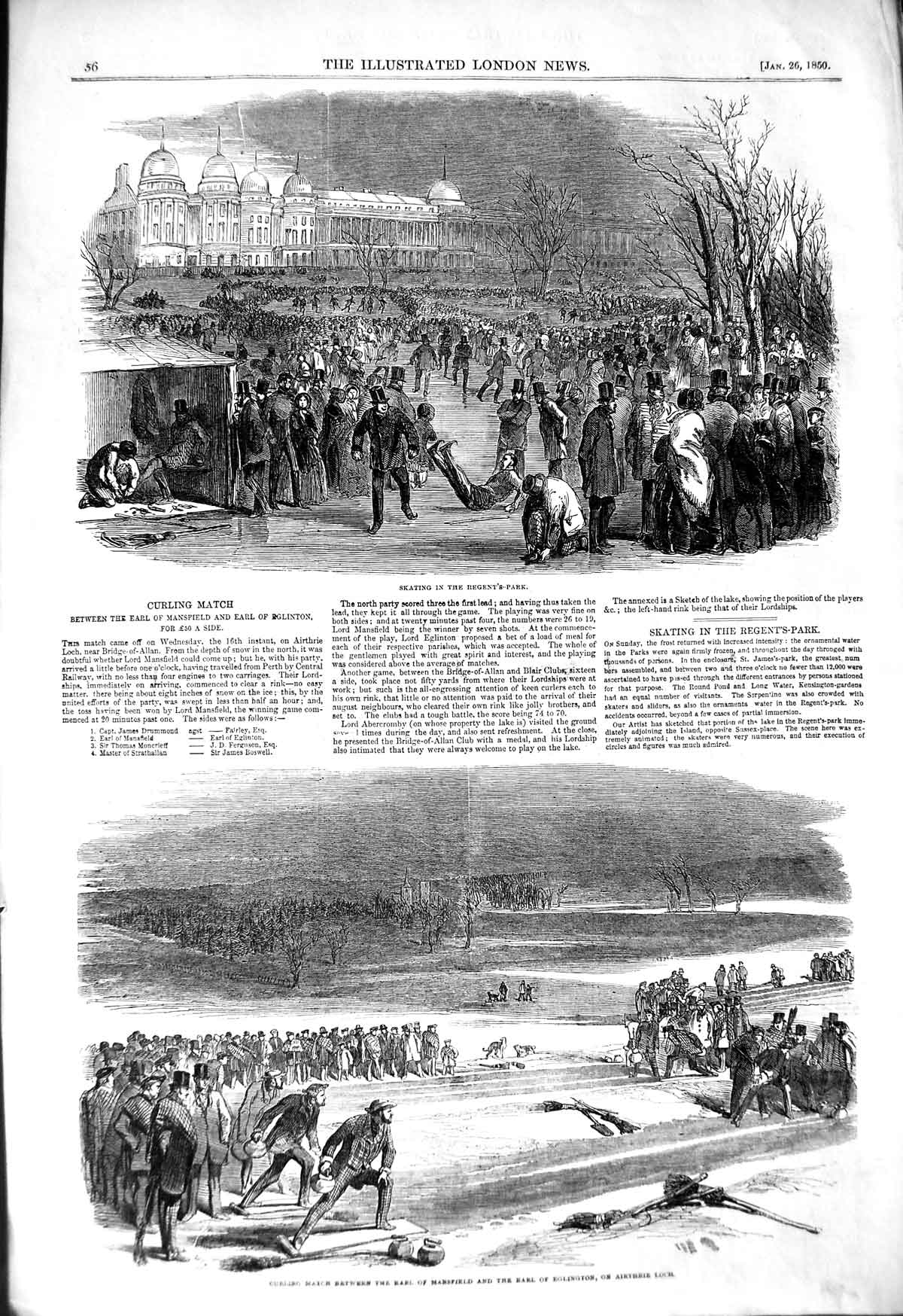 Original Old Antique Print 1850 Curling Match Earl Mansfield Eglington A 19th