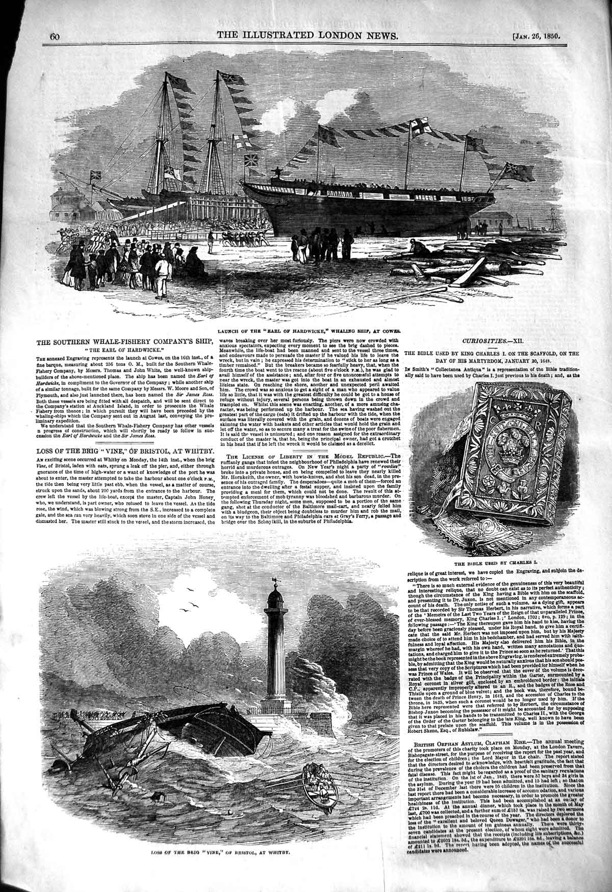 Original Old Antique Print 1850 Earl Hardwick Whaling Ship Cowes Brig Vine 19th