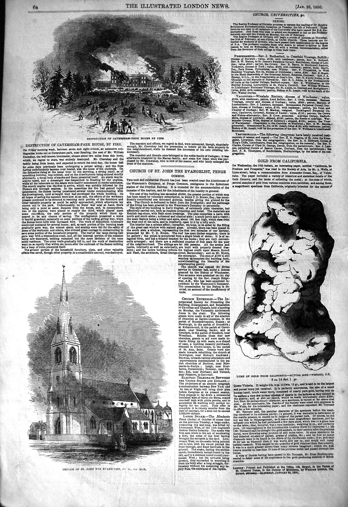 Original Old Antique Print 1850 Caversham Park House Fire Church John Eva 19th