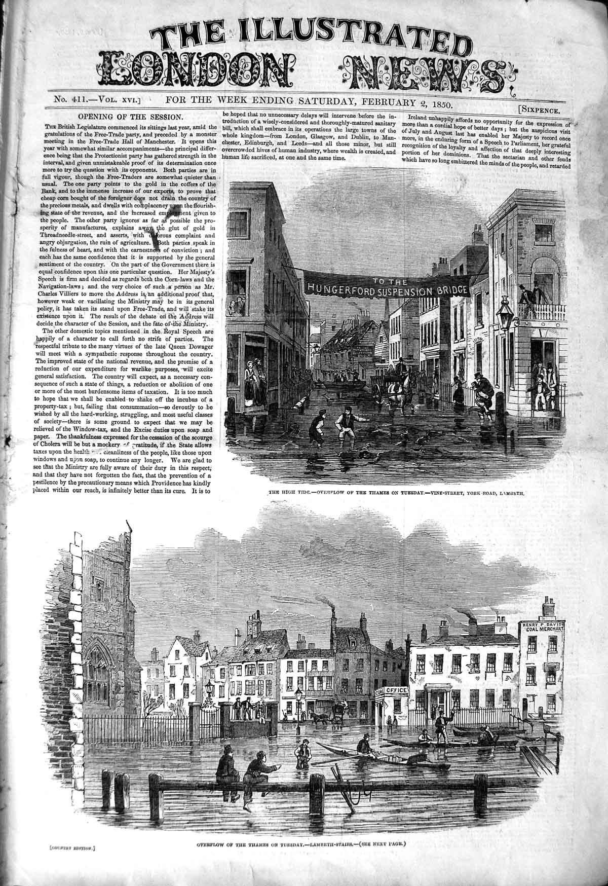 Old Antique Print 1850 Overflow River Thames Lambeth Stairs Floods London 19th