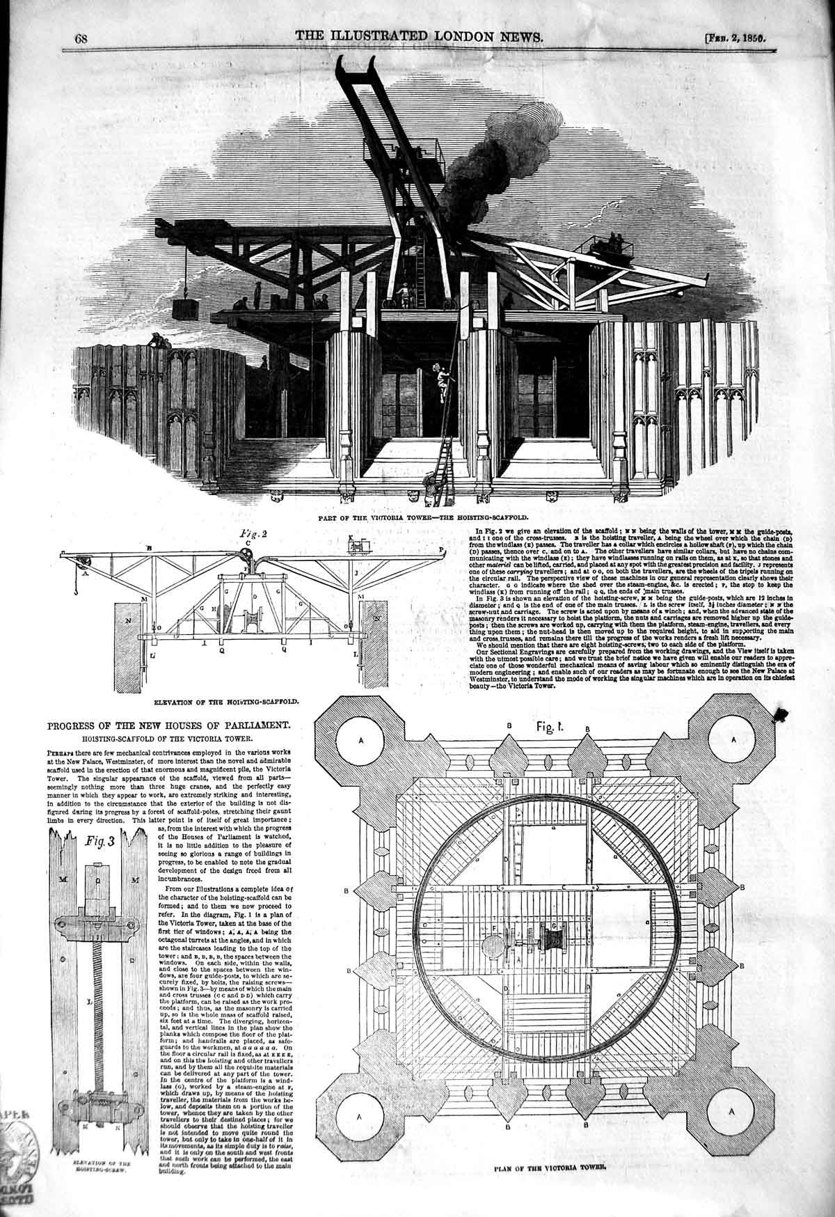 Original Old Antique Print 1850 Victoria Tower Houses Parliament Hoisting-Scaff
