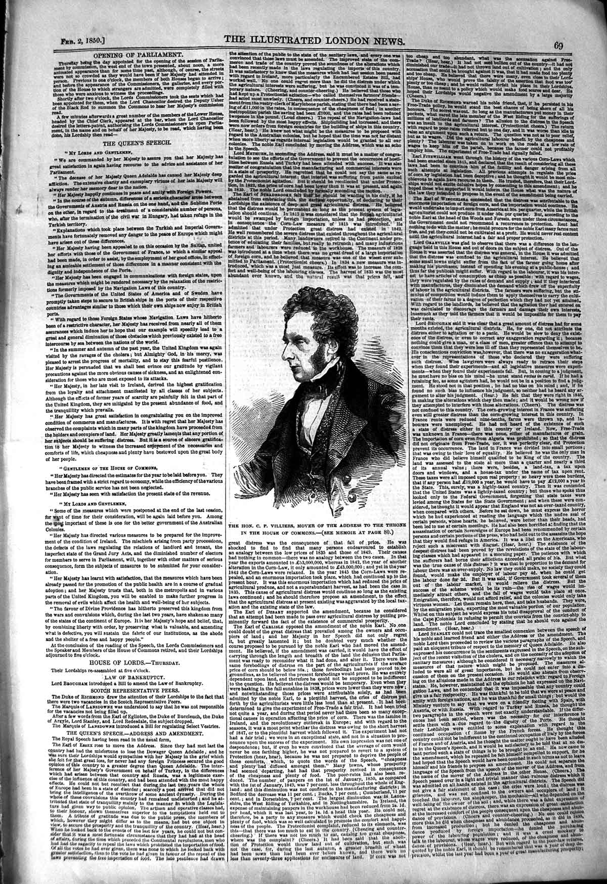 Original Old Antique Print 1850 Portrait C.P. Villiers House Commons Victorian