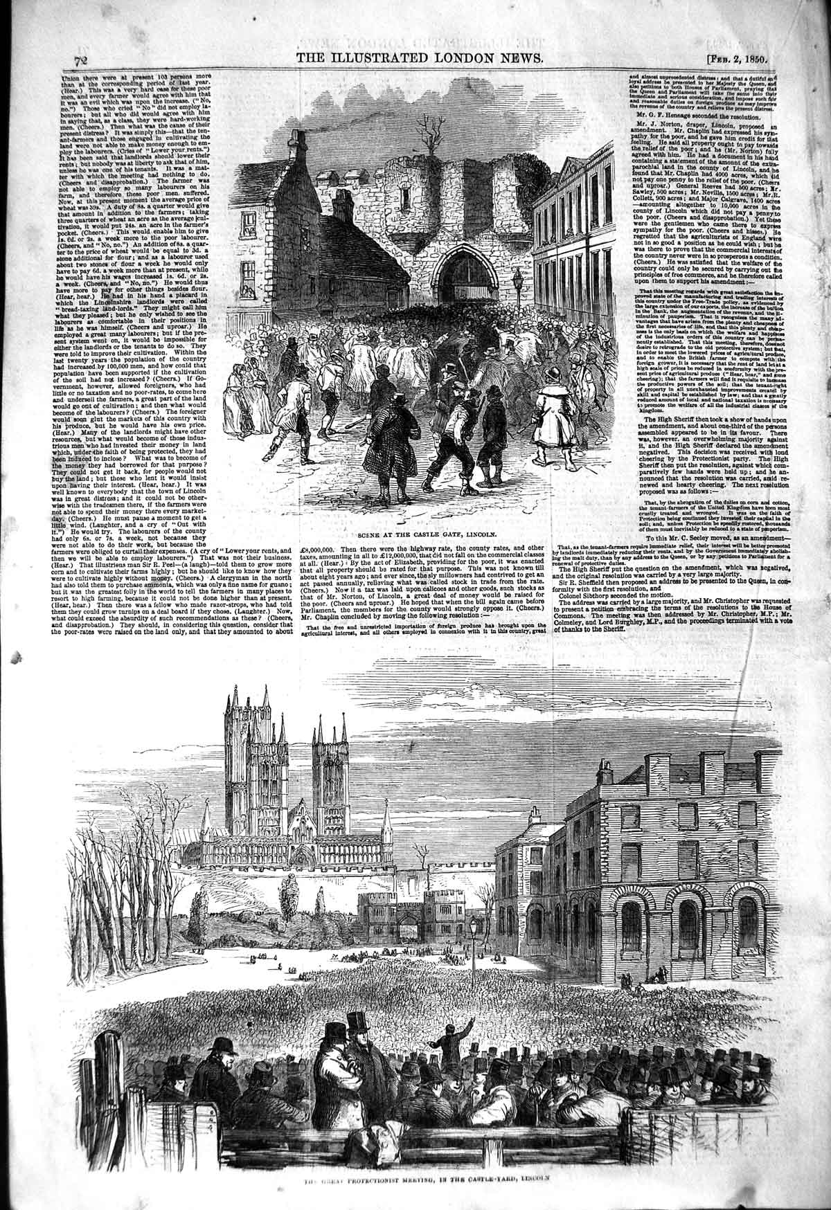 Original Old Antique Print 1850 Castle Gate Lincoln Great Protectionist 19th