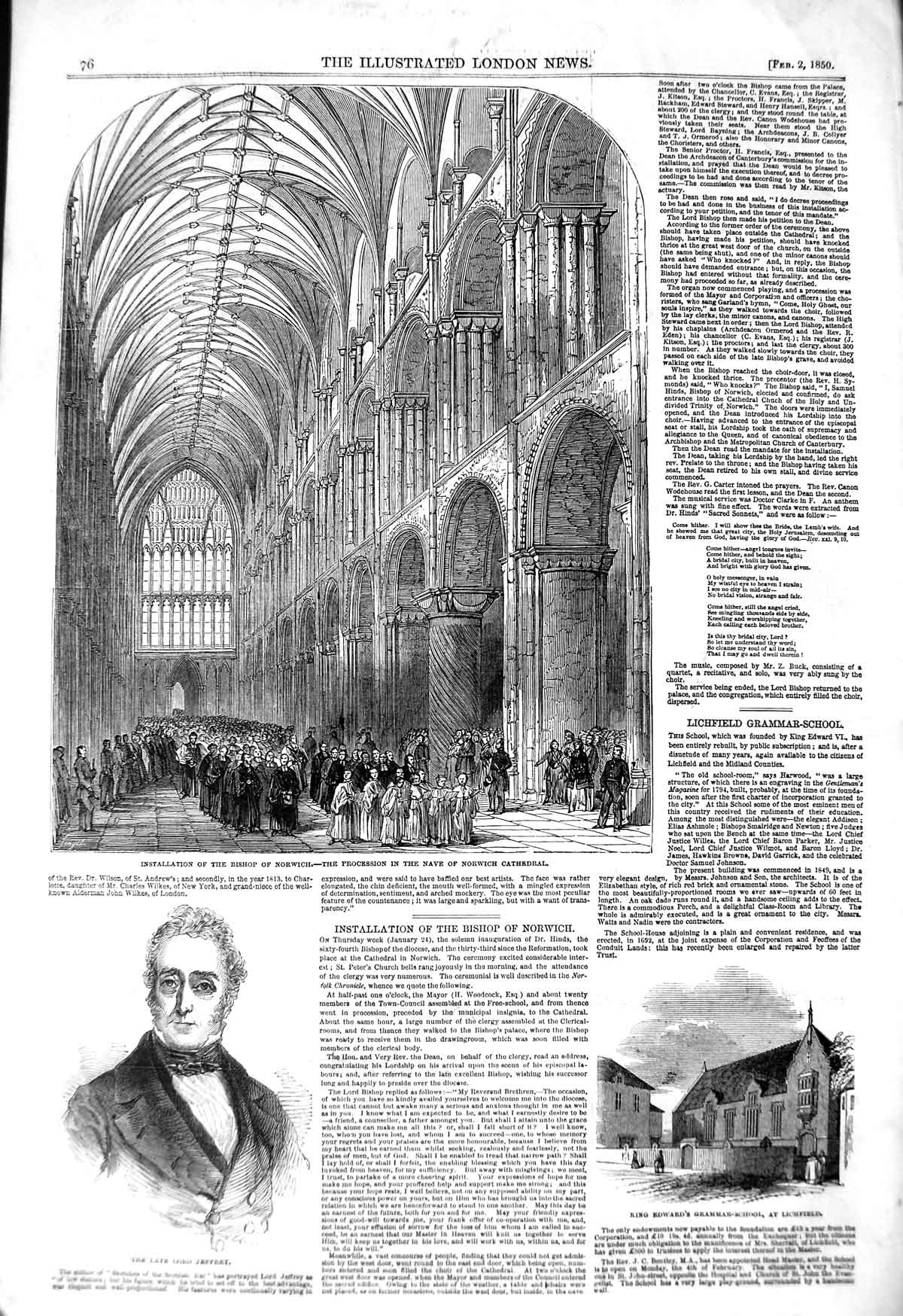 Original Old Antique Print 1850 Jeffrey Grammar School Bishop Norwich Cathedral