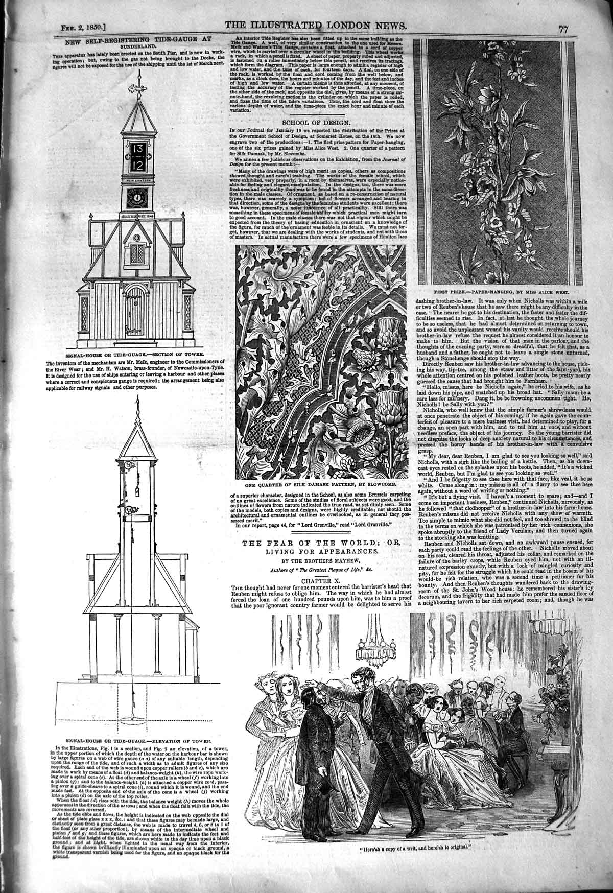 Original Old Antique Print 1850 Tide-Gauge Signal-House Damask Pattern Wa 19th