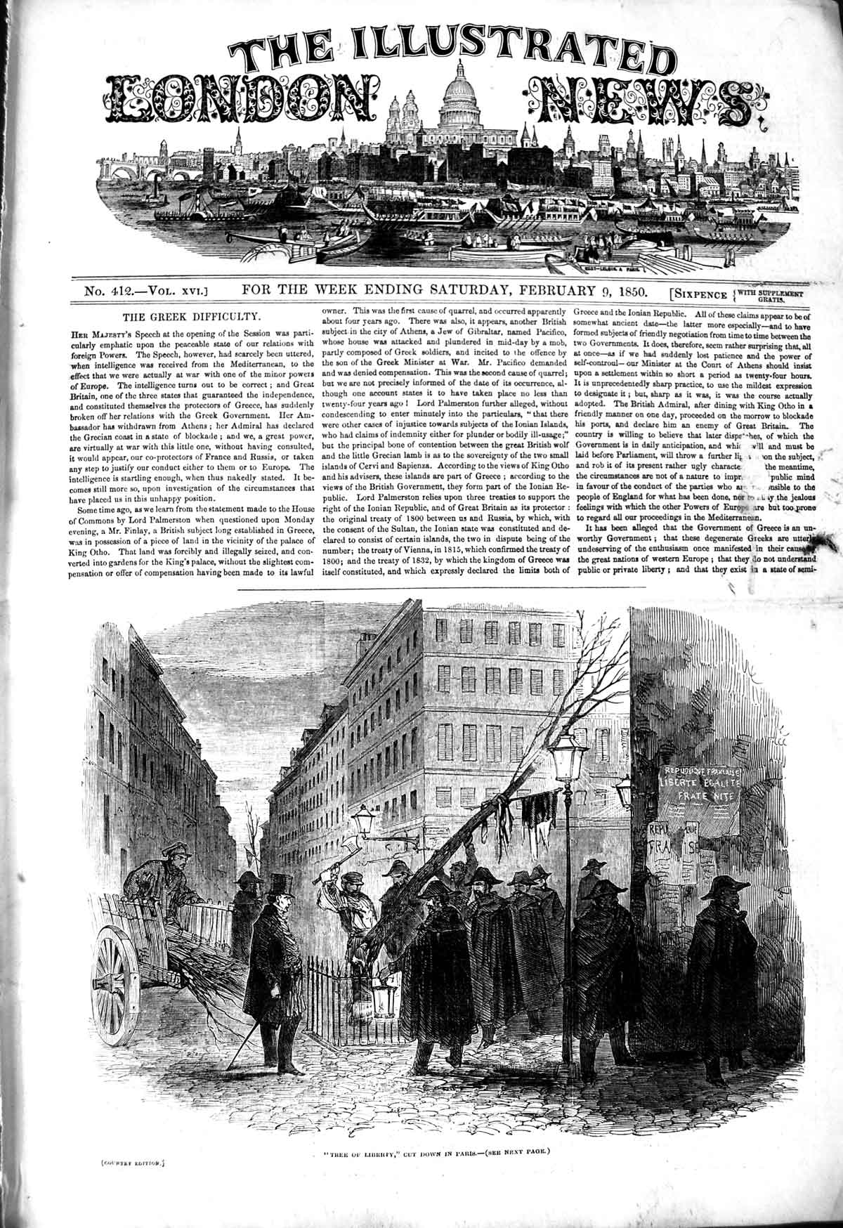 Original Old Antique Print 1850 Tree Liberty Paris France Street Scene 19th