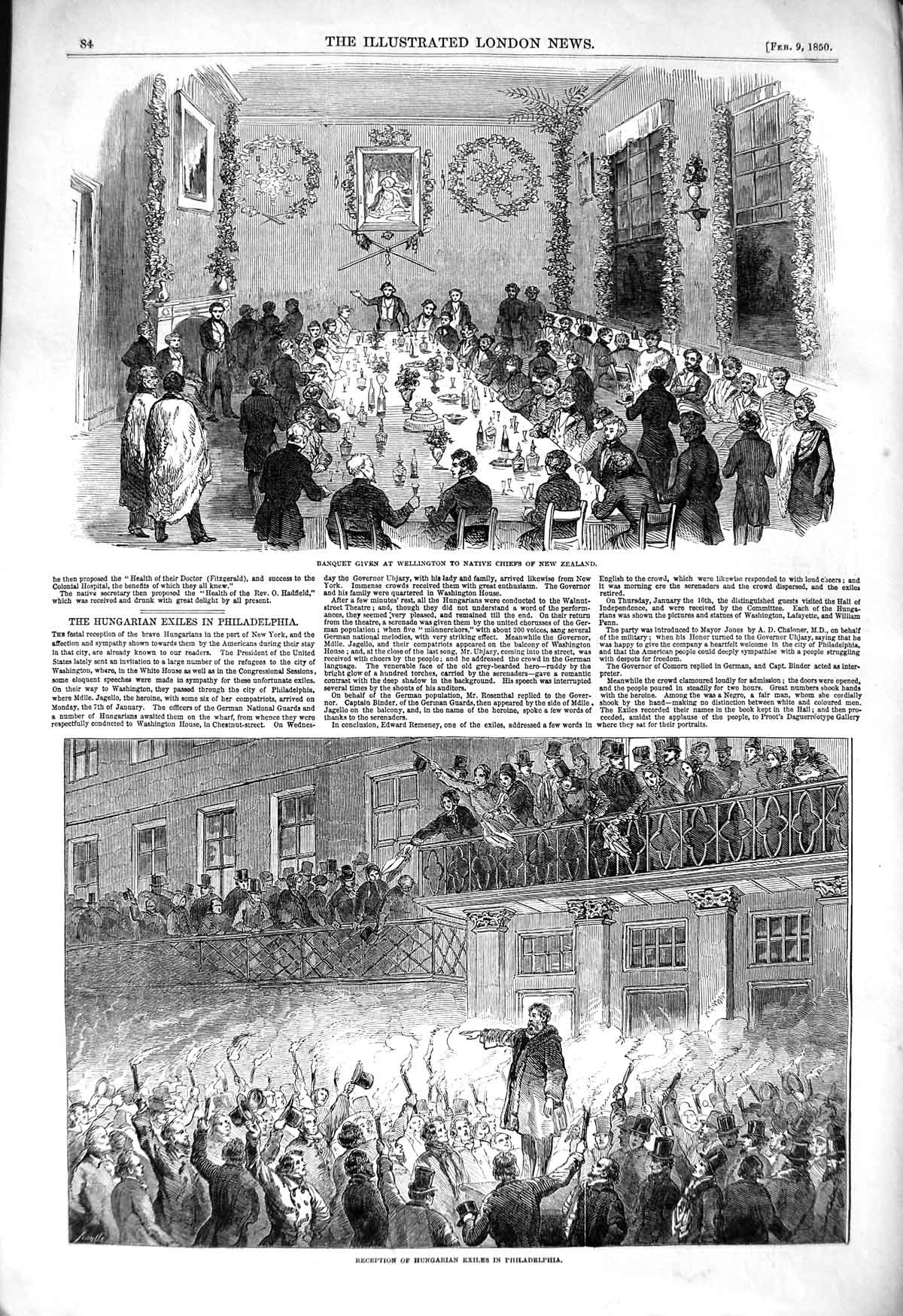Old Antique Print 1850 Banquet Wellington Chiefs New Zealand Philadelphia 19th