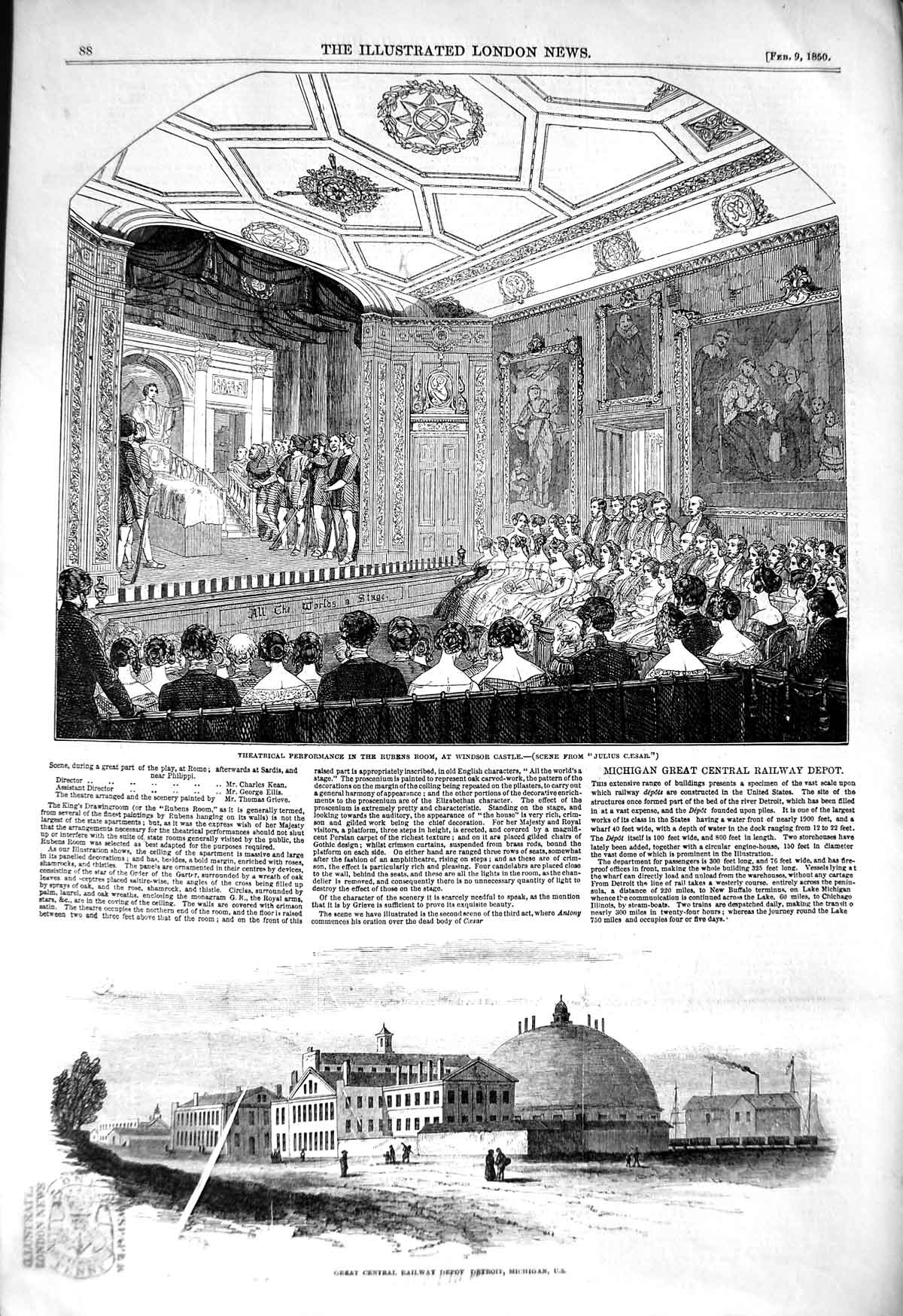 Original Old Antique Print 1850 Theatre Rubens Room Windsor Castle Railway 19th