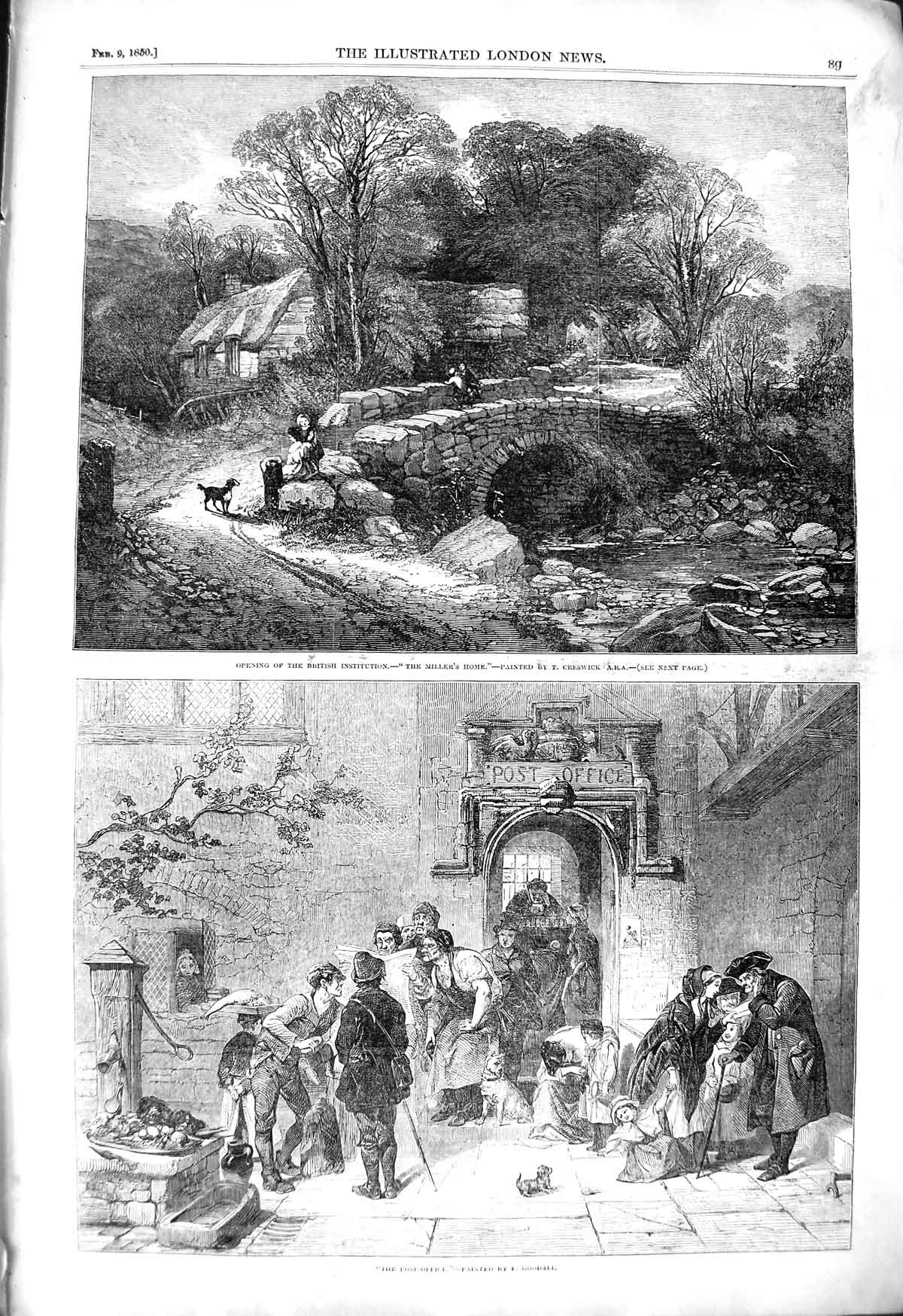 Original Old Antique Print 1850 Miller'S Home Creswick Art Post Office Goodall