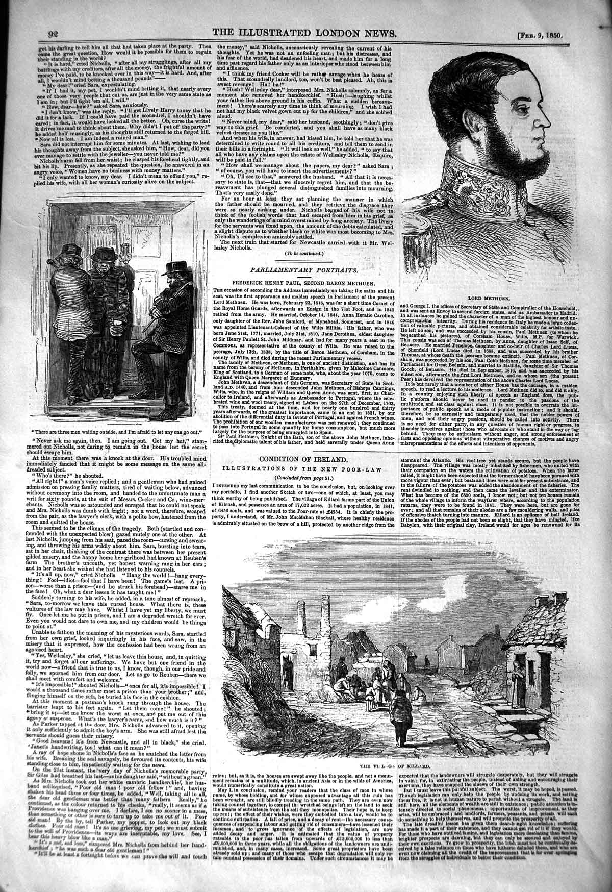 Old Antique Print 1850 Lord Mathuen Village Killard Ireland Street Scene 19th