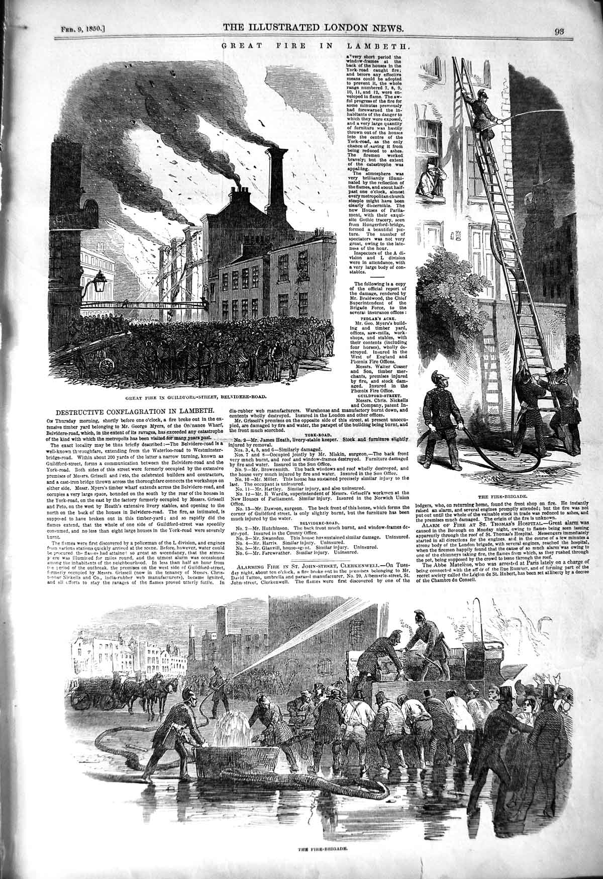 Old Antique Print 1850 Great Fire Lambeth Fire-Brigade Guildford-Street 19th