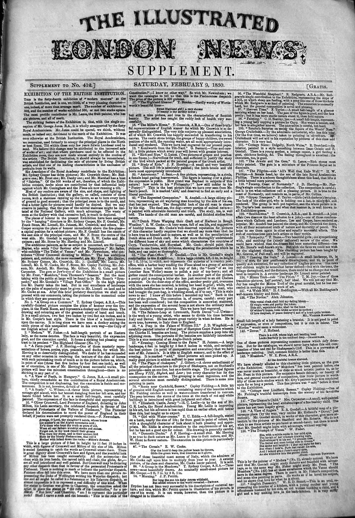 Original Old Antique Print 1850 Exhibition British Institution Supplement Text